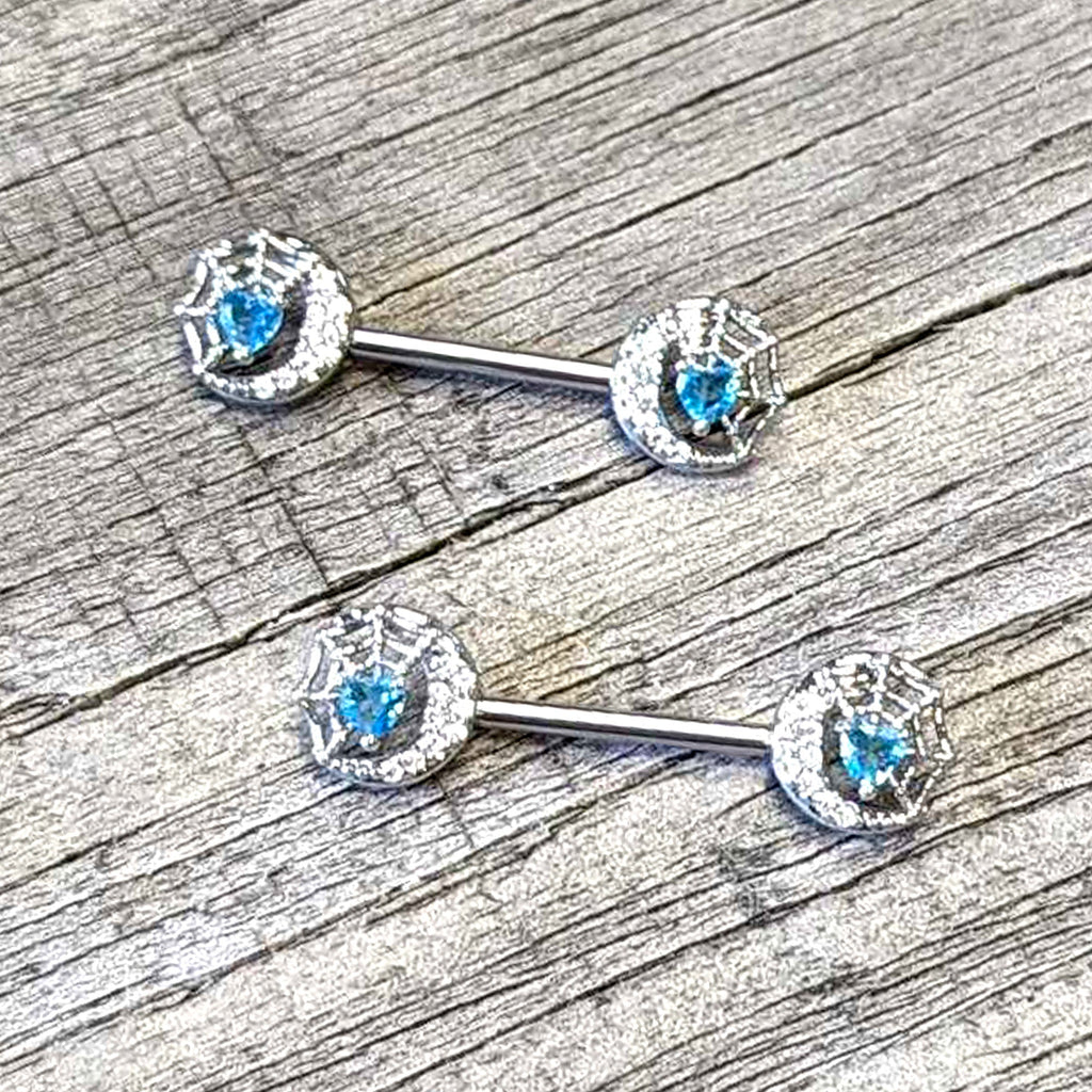 BodyCandy 14G 9/16 Blue CZ Gem Heart Web Moon Barbell Nipple Ring Set — side view