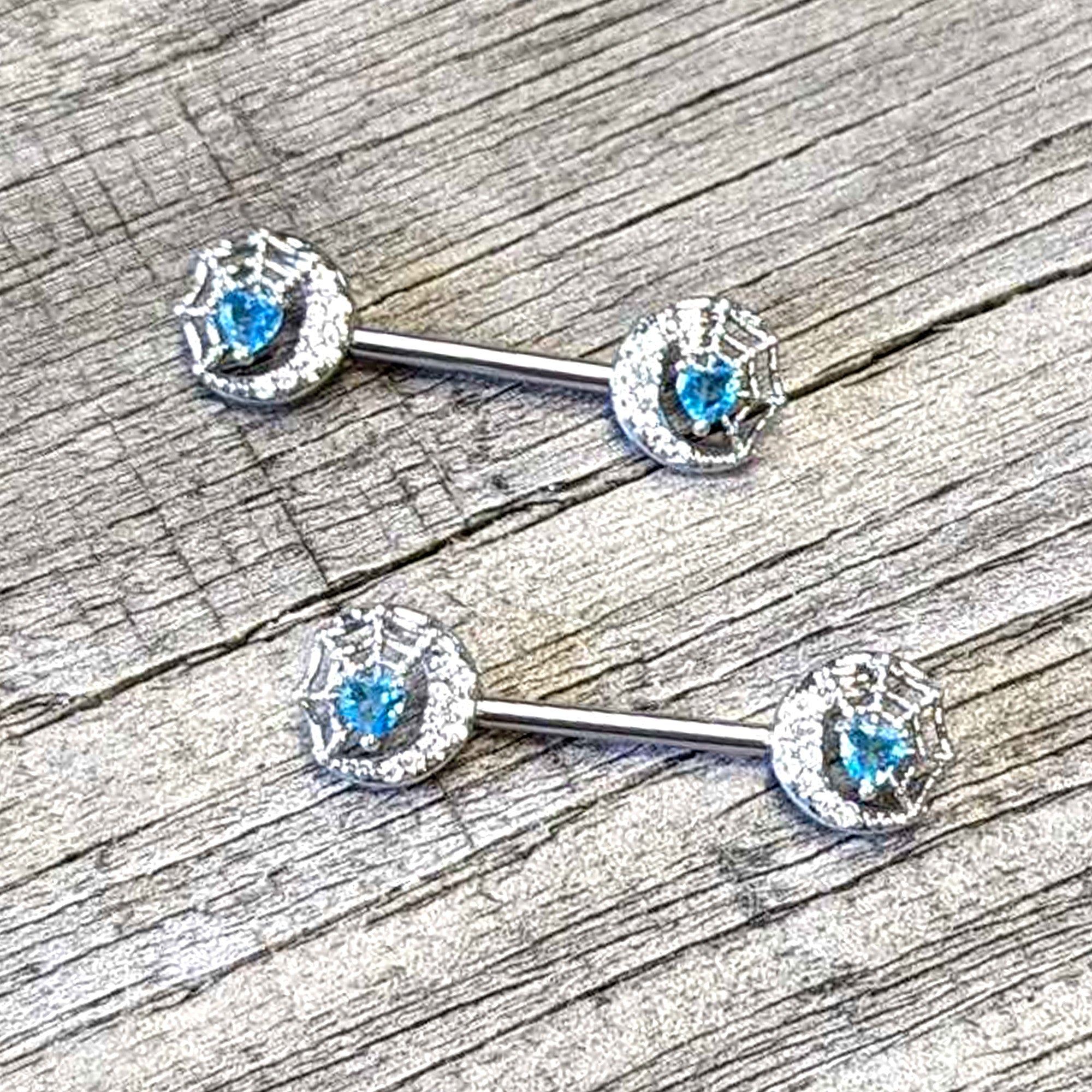 BodyCandy 14G 9/16 Blue CZ Gem Heart Web Moon Barbell Nipple Ring Set — side view
