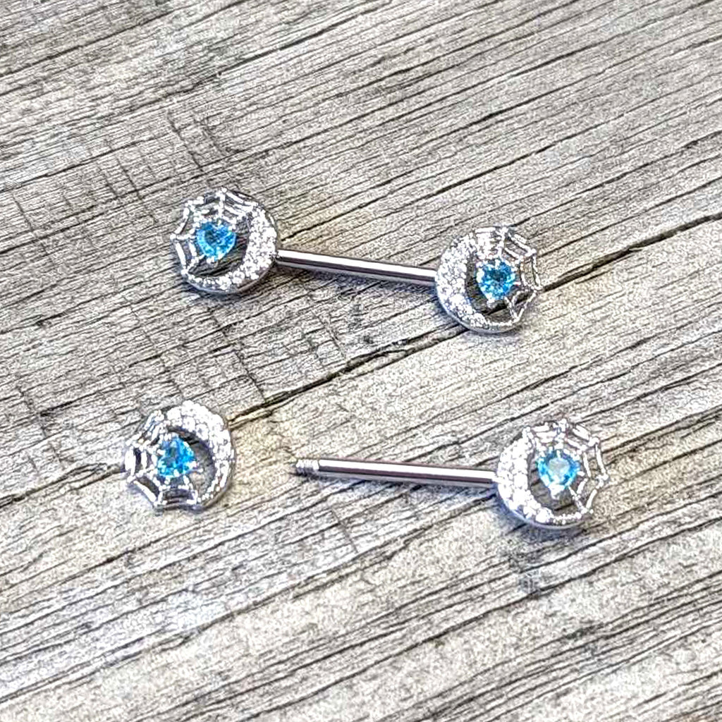 BodyCandy 14G 9/16 Blue CZ Gem Heart Web Moon Barbell Nipple Ring Set — back view