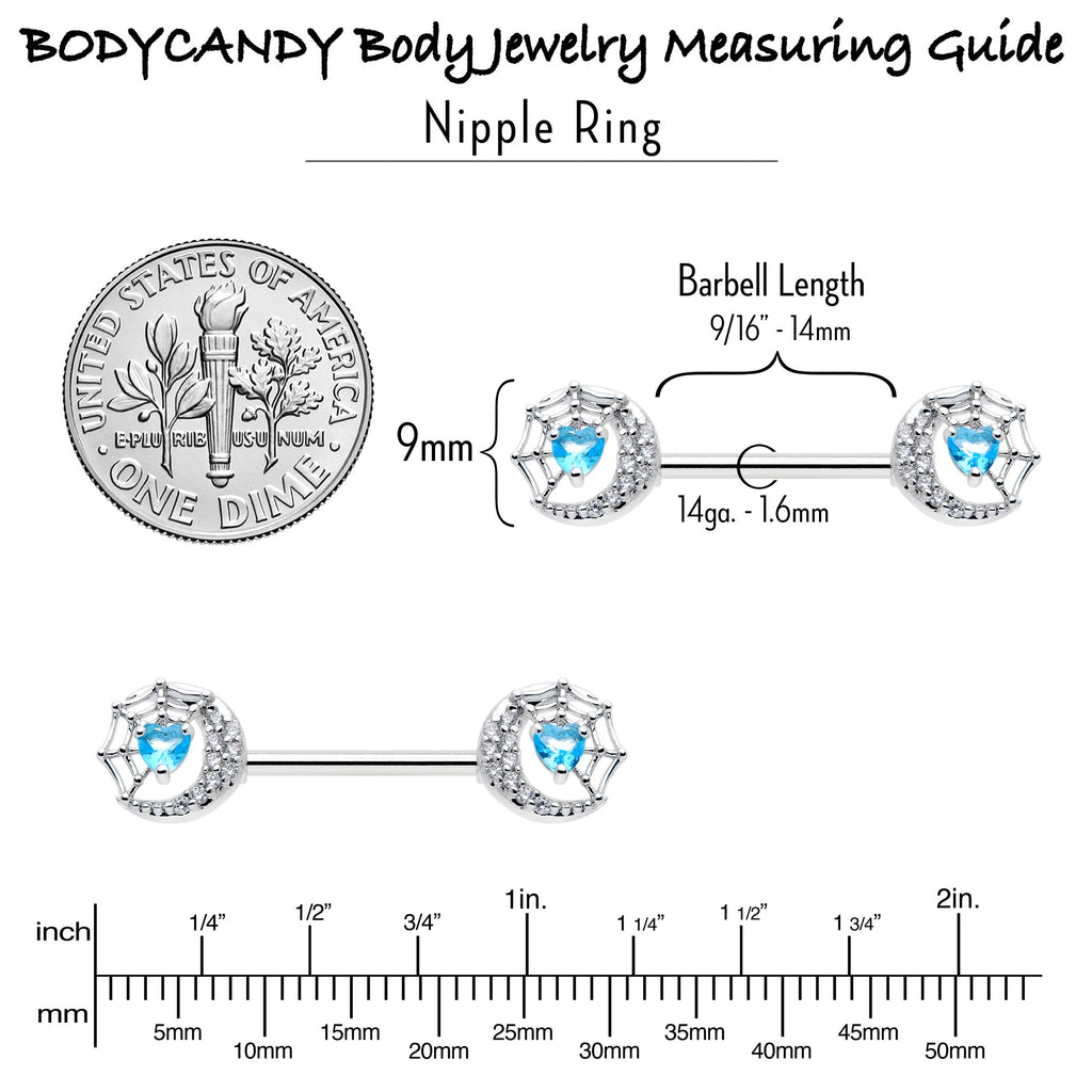 BodyCandy 14G 9/16 Blue CZ Gem Heart Web Moon Barbell Nipple Ring Set — alternative angle