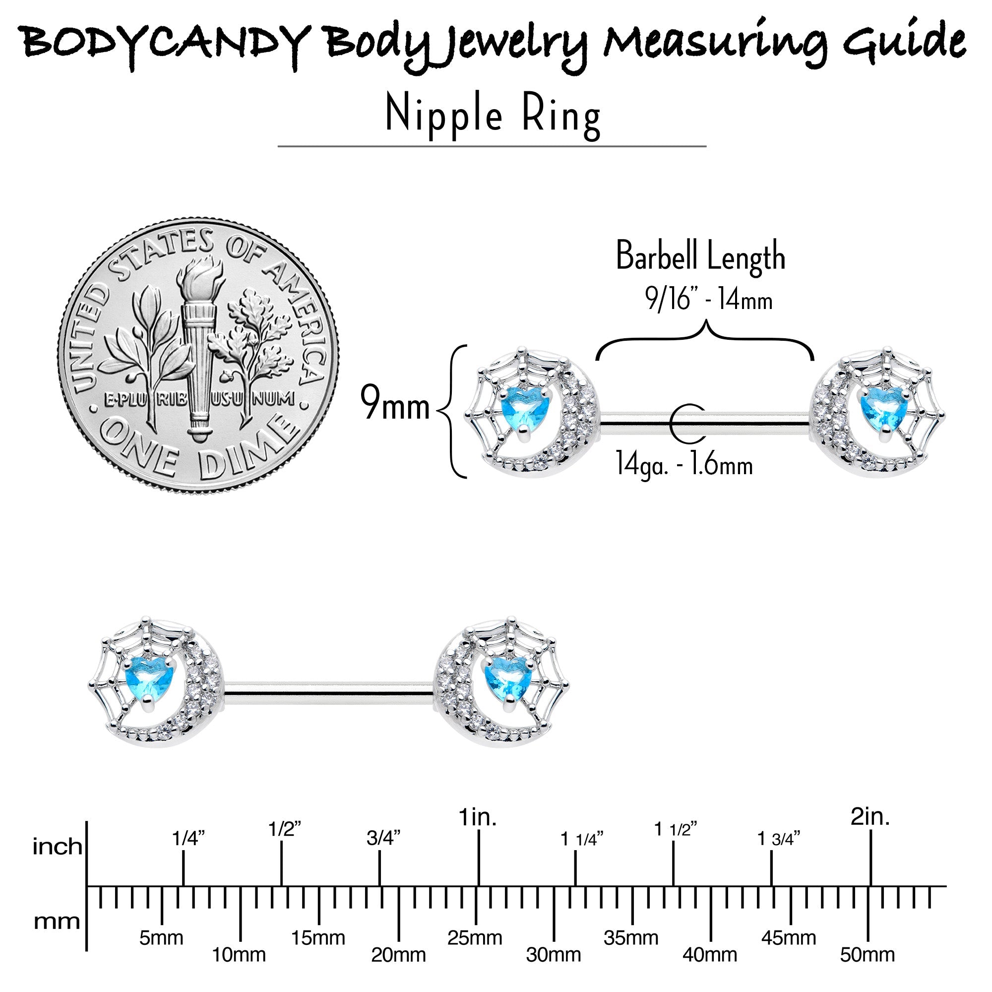 BodyCandy 14G 9/16 Blue CZ Gem Heart Web Moon Barbell Nipple Ring Set — alternative angle