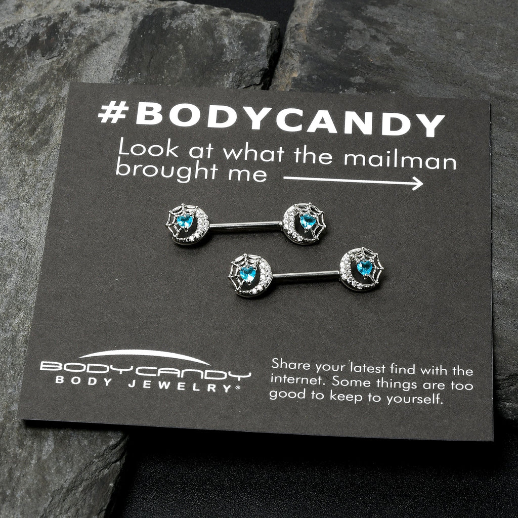 BodyCandy 14G 9/16 Blue CZ Gem Heart Web Moon Barbell Nipple Ring Set — in-use photo