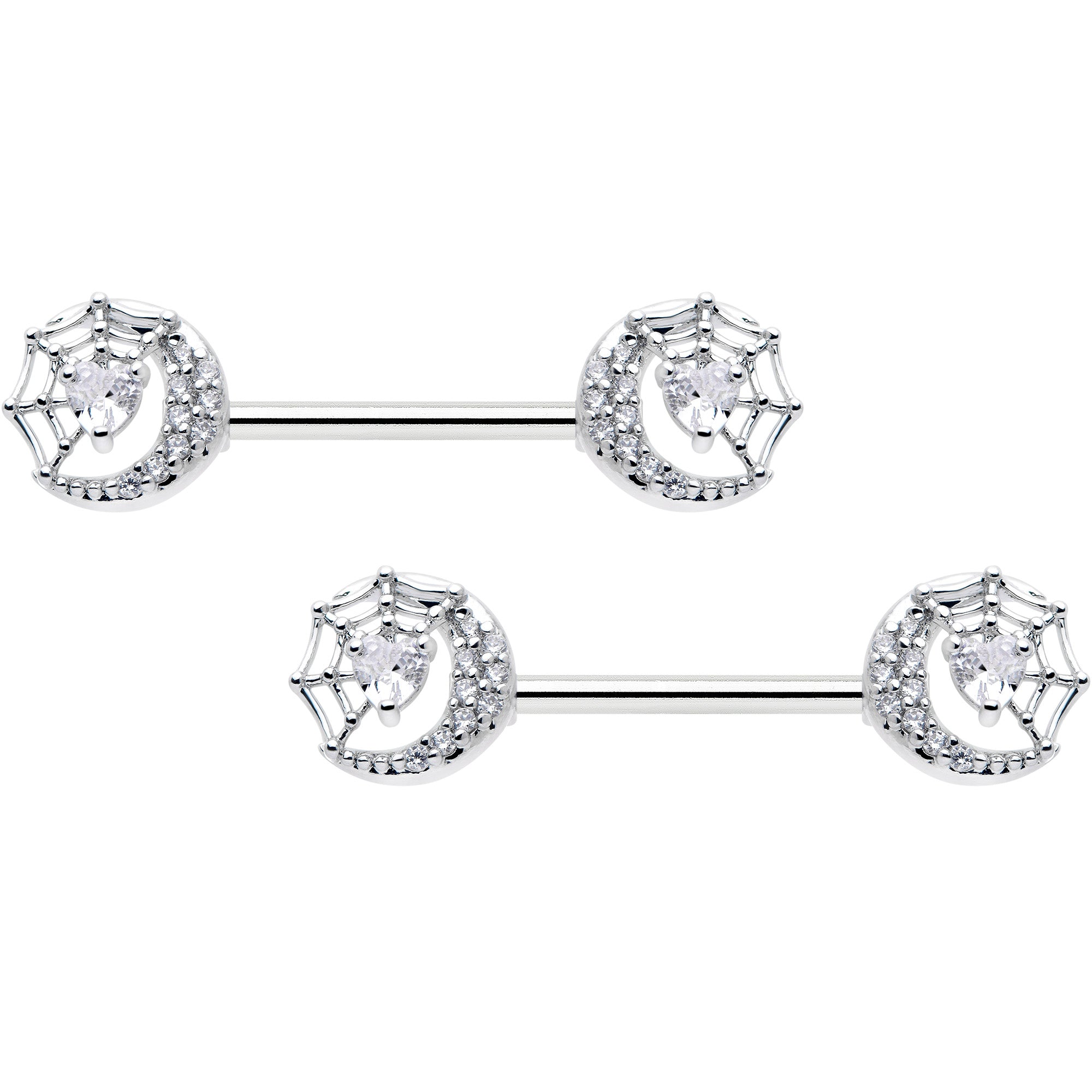 BodyCandy 14G 9/16 Clear CZ Gem Heart Web Moon Barbell Nipple Ring Set — main product shot