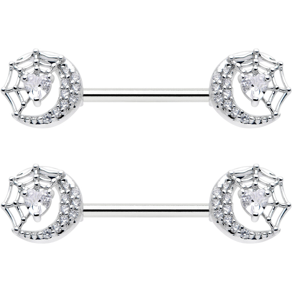 BodyCandy 14G 9/16 Clear CZ Gem Heart Web Moon Barbell Nipple Ring Set — detail close-up