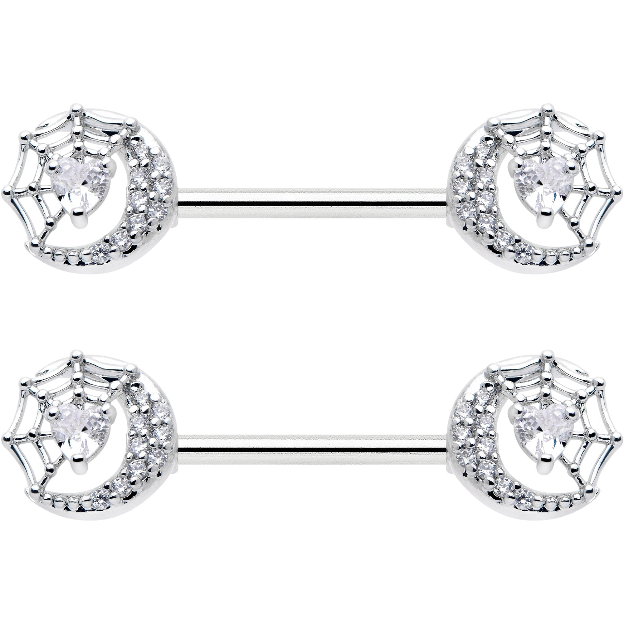 BodyCandy 14G 9/16 Clear CZ Gem Heart Web Moon Barbell Nipple Ring Set — detail close-up