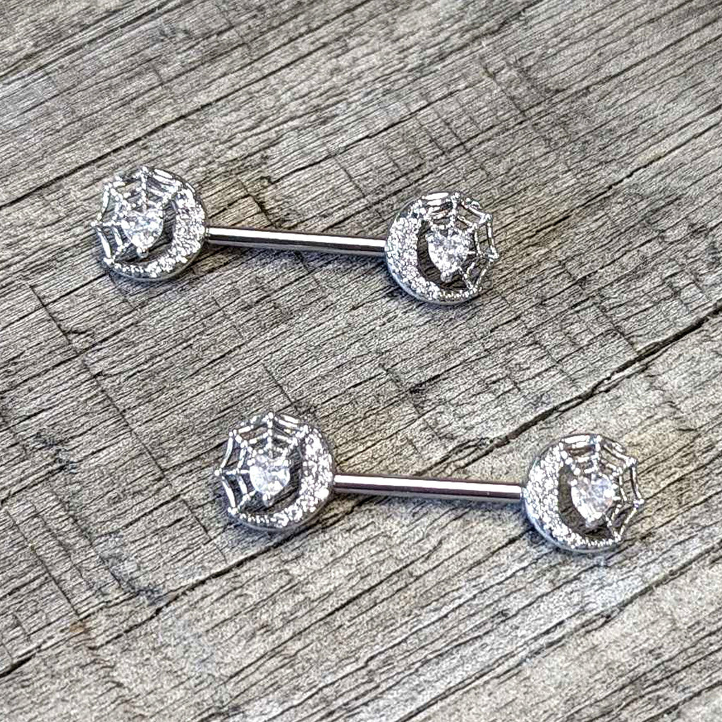 BodyCandy 14G 9/16 Clear CZ Gem Heart Web Moon Barbell Nipple Ring Set — side view