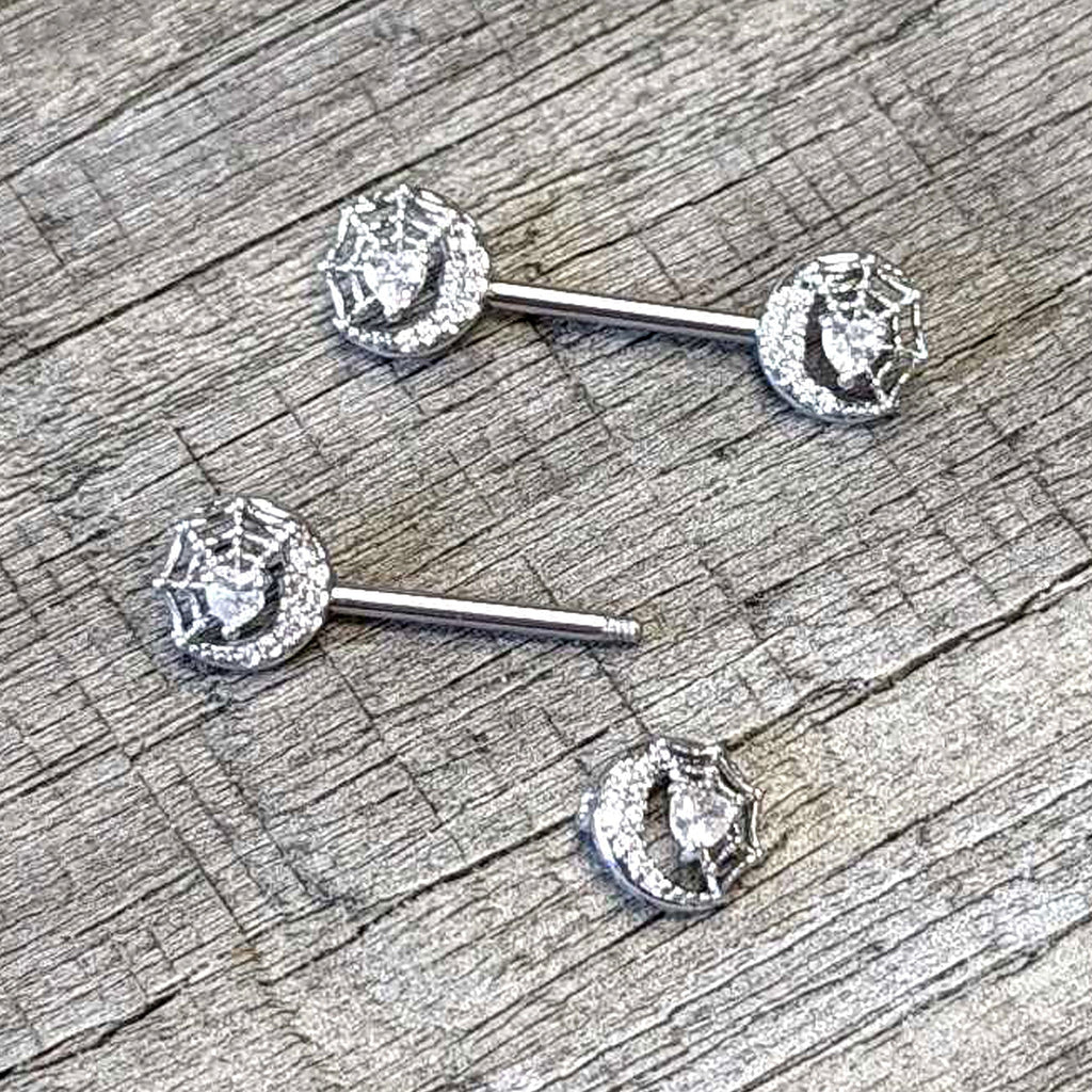 BodyCandy 14G 9/16 Clear CZ Gem Heart Web Moon Barbell Nipple Ring Set — back view