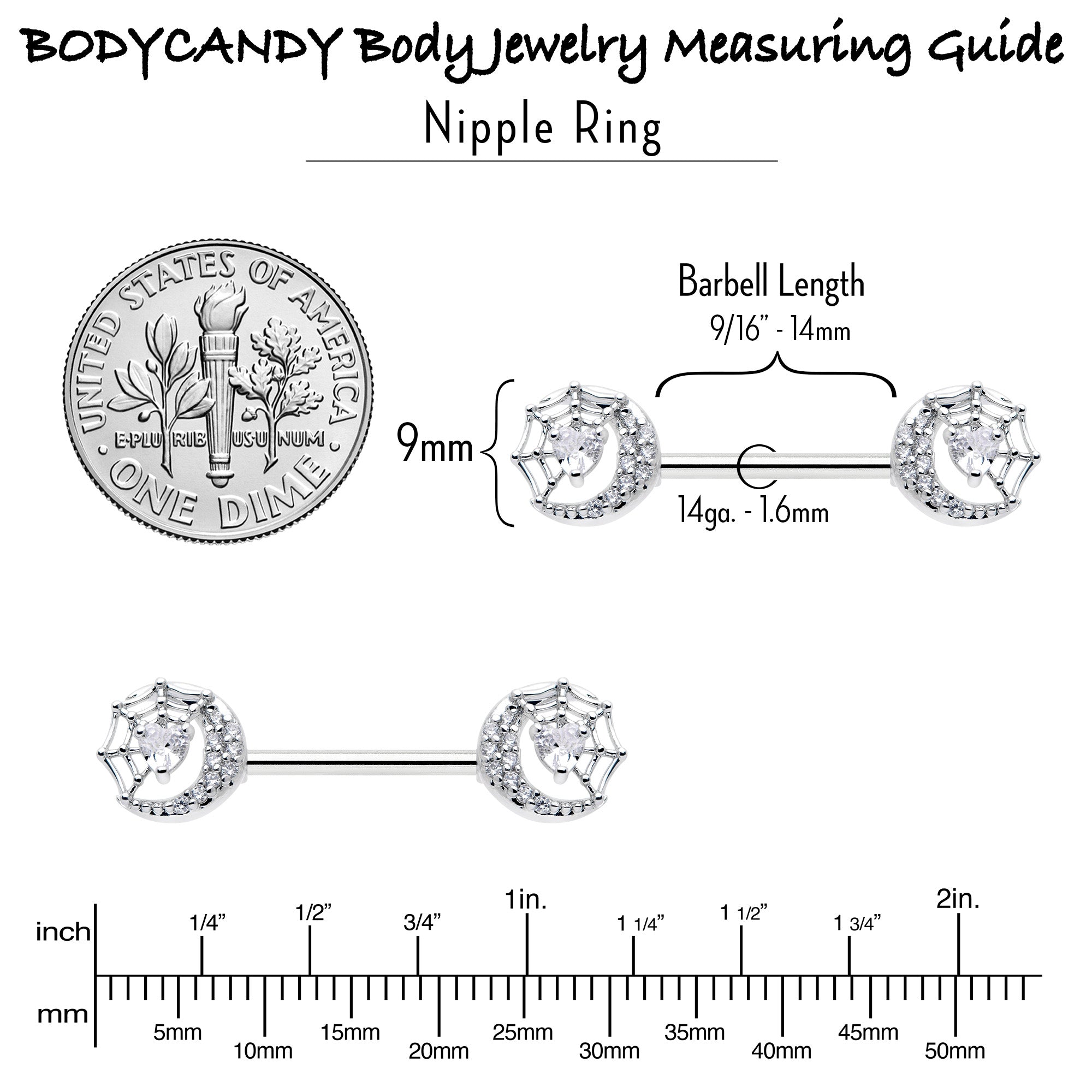 BodyCandy 14G 9/16 Clear CZ Gem Heart Web Moon Barbell Nipple Ring Set — alternative angle