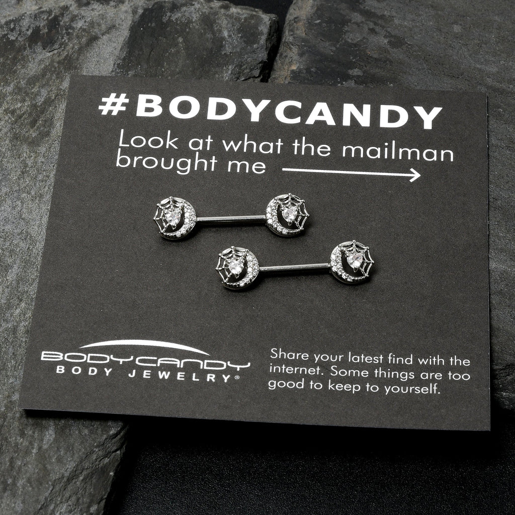 BodyCandy 14G 9/16 Clear CZ Gem Heart Web Moon Barbell Nipple Ring Set — in-use photo
