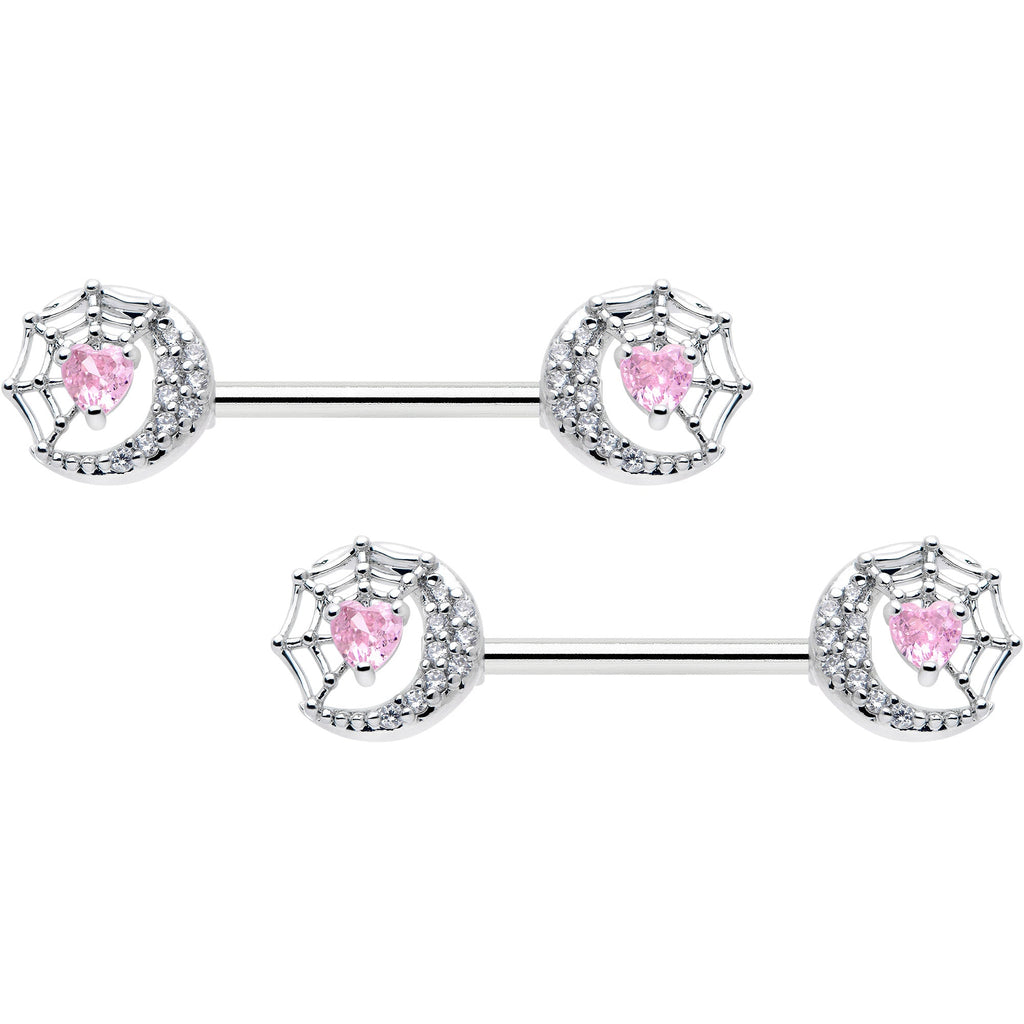 BodyCandy 14G 9/16 Pink CZ Gem Heart Web Moon Barbell Nipple Ring Set — main product shot