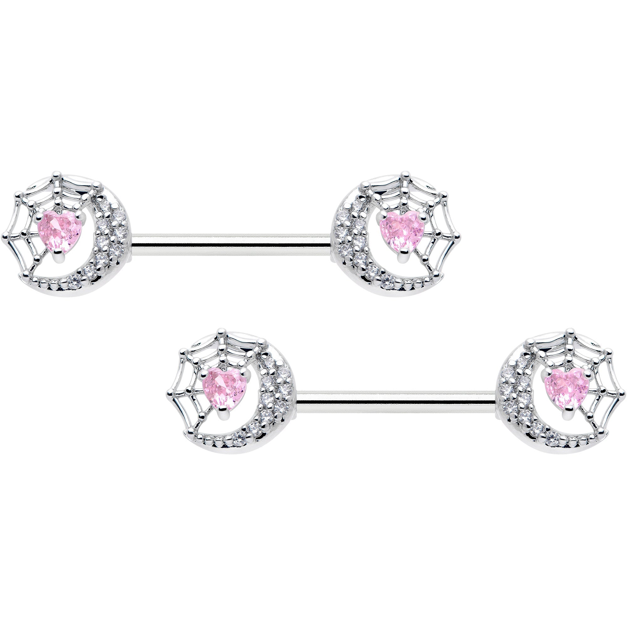 BodyCandy 14G 9/16 Pink CZ Gem Heart Web Moon Barbell Nipple Ring Set — main product shot