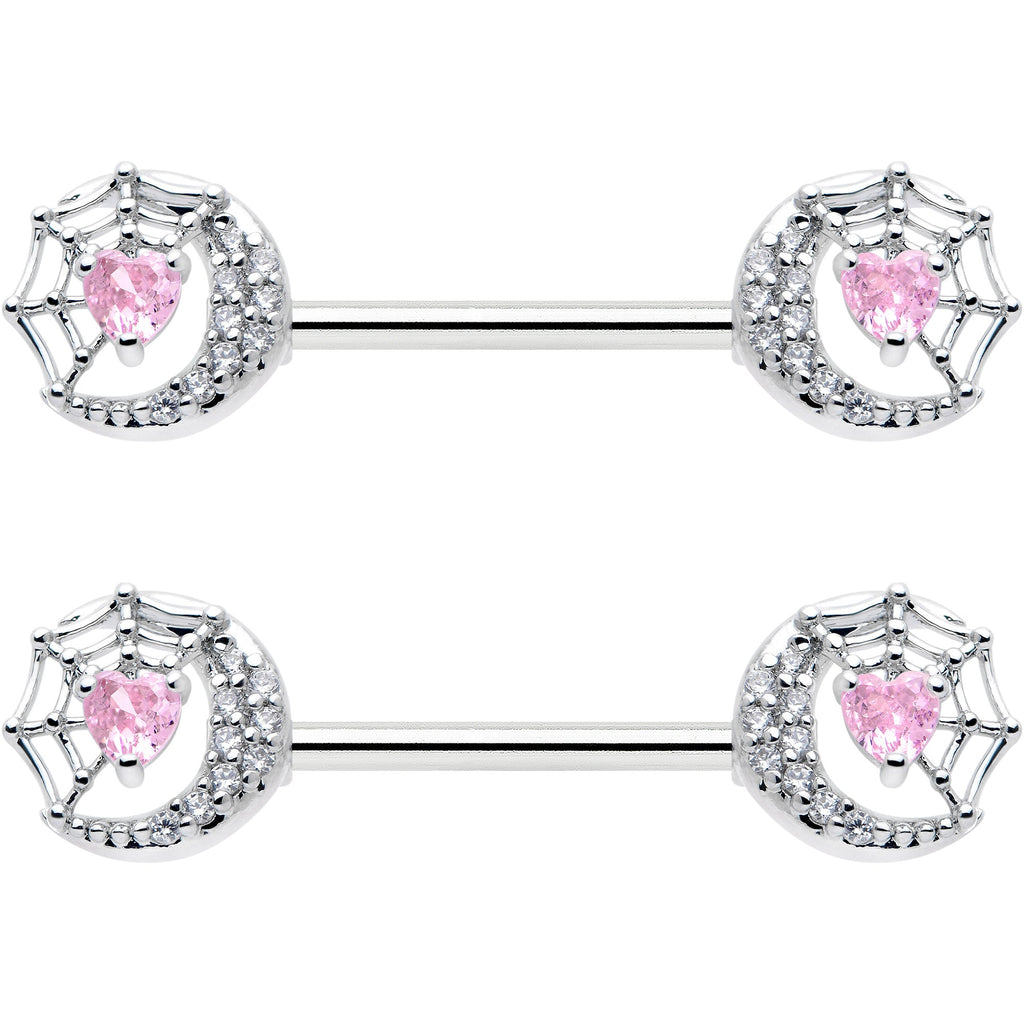 BodyCandy 14G 9/16 Pink CZ Gem Heart Web Moon Barbell Nipple Ring Set — detail close-up