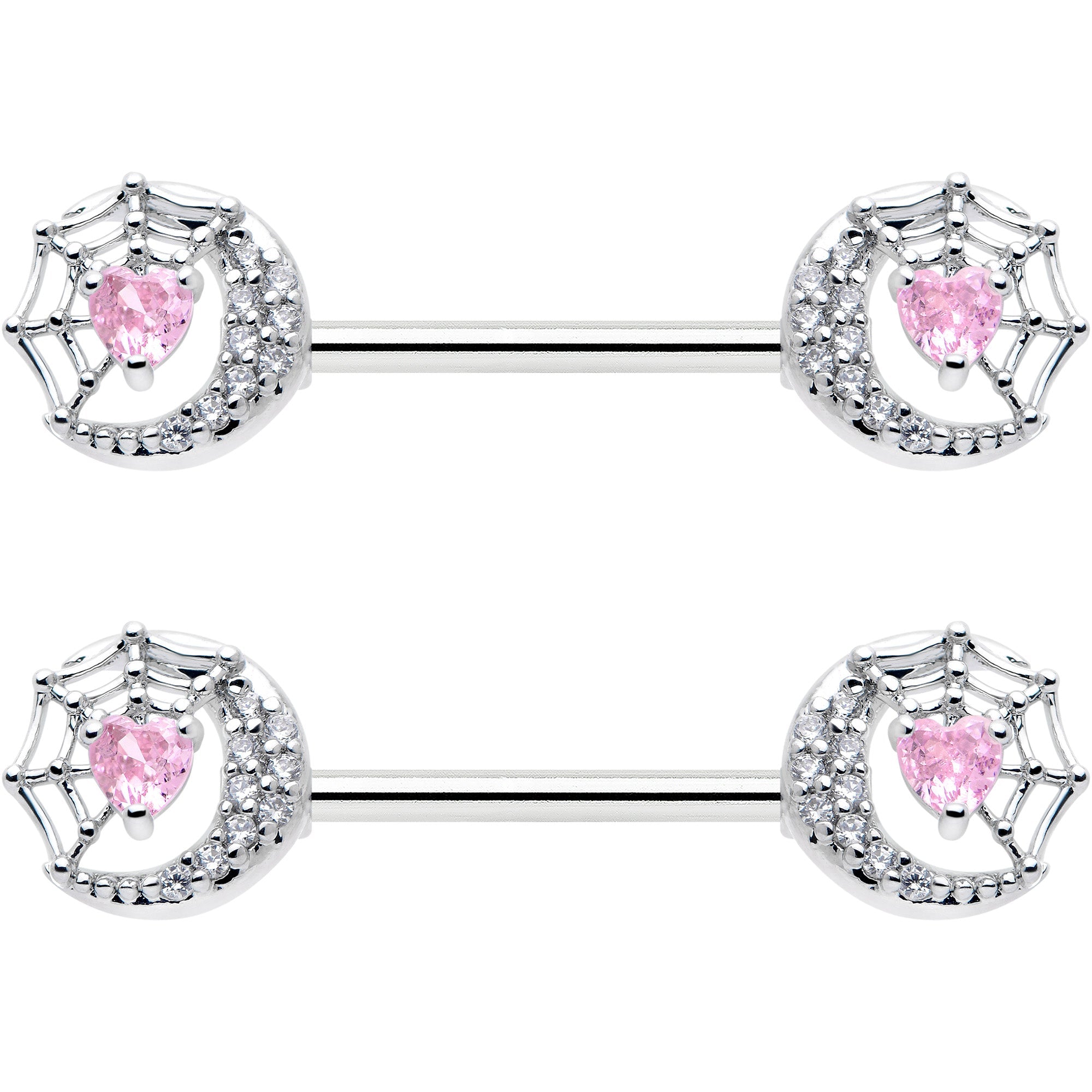 BodyCandy 14G 9/16 Pink CZ Gem Heart Web Moon Barbell Nipple Ring Set — detail close-up