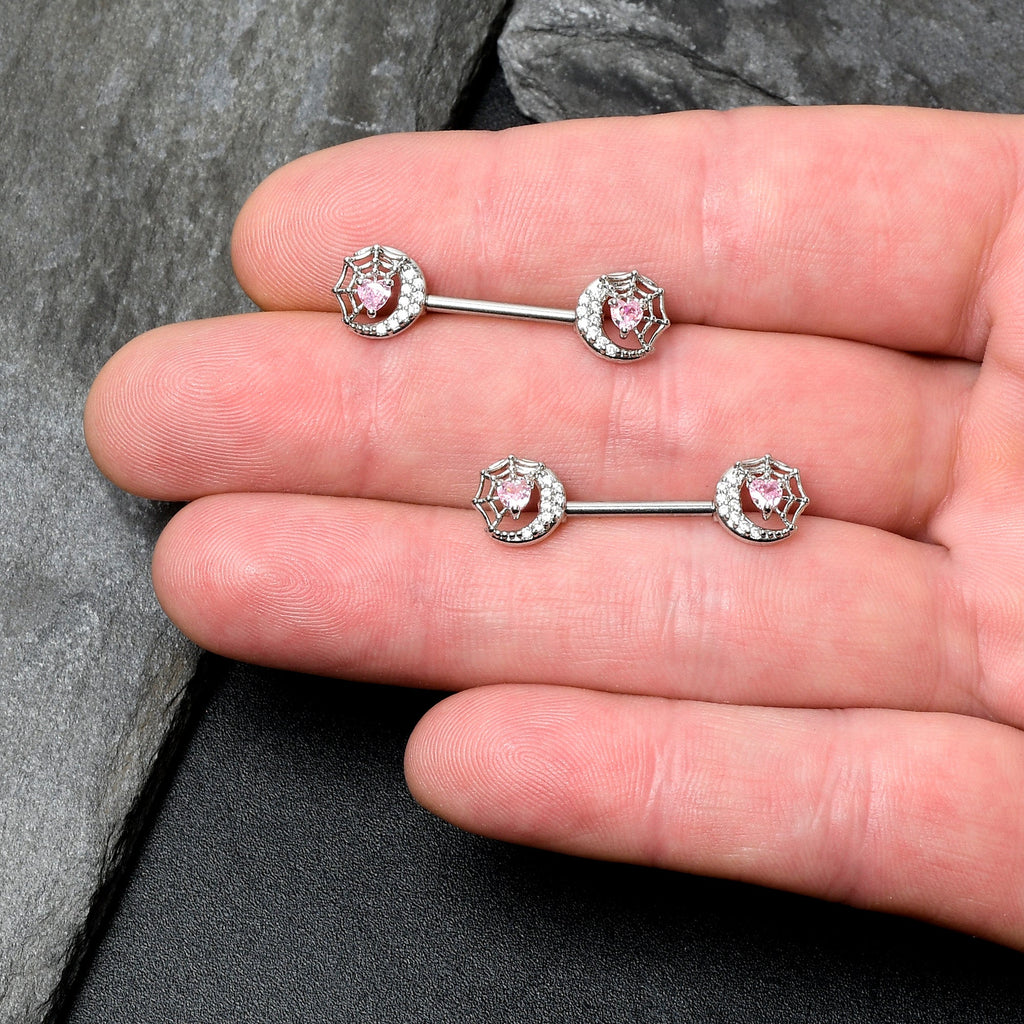 BodyCandy 14G 9/16 Pink CZ Gem Heart Web Moon Barbell Nipple Ring Set — lifestyle context