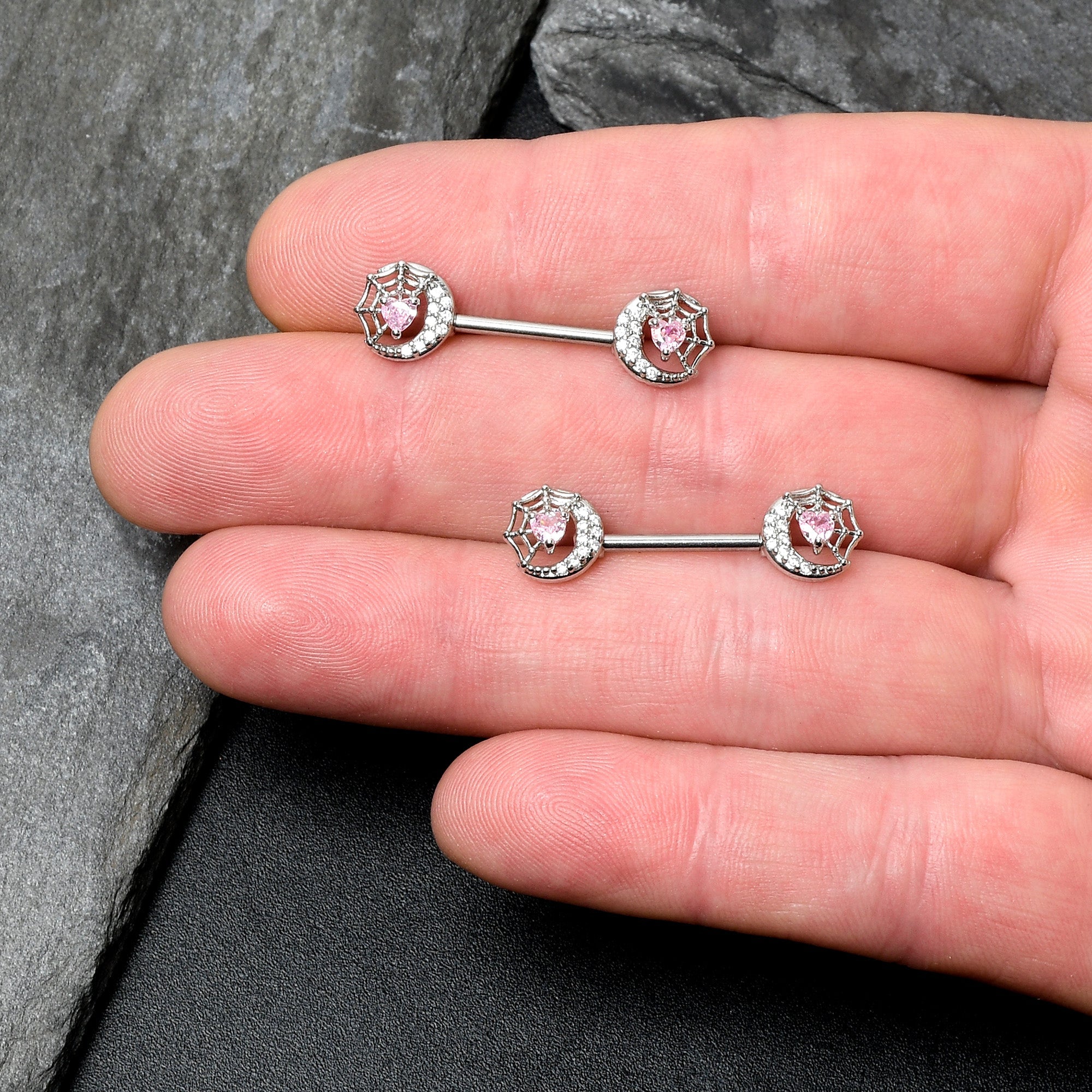 BodyCandy 14G 9/16 Pink CZ Gem Heart Web Moon Barbell Nipple Ring Set — lifestyle context