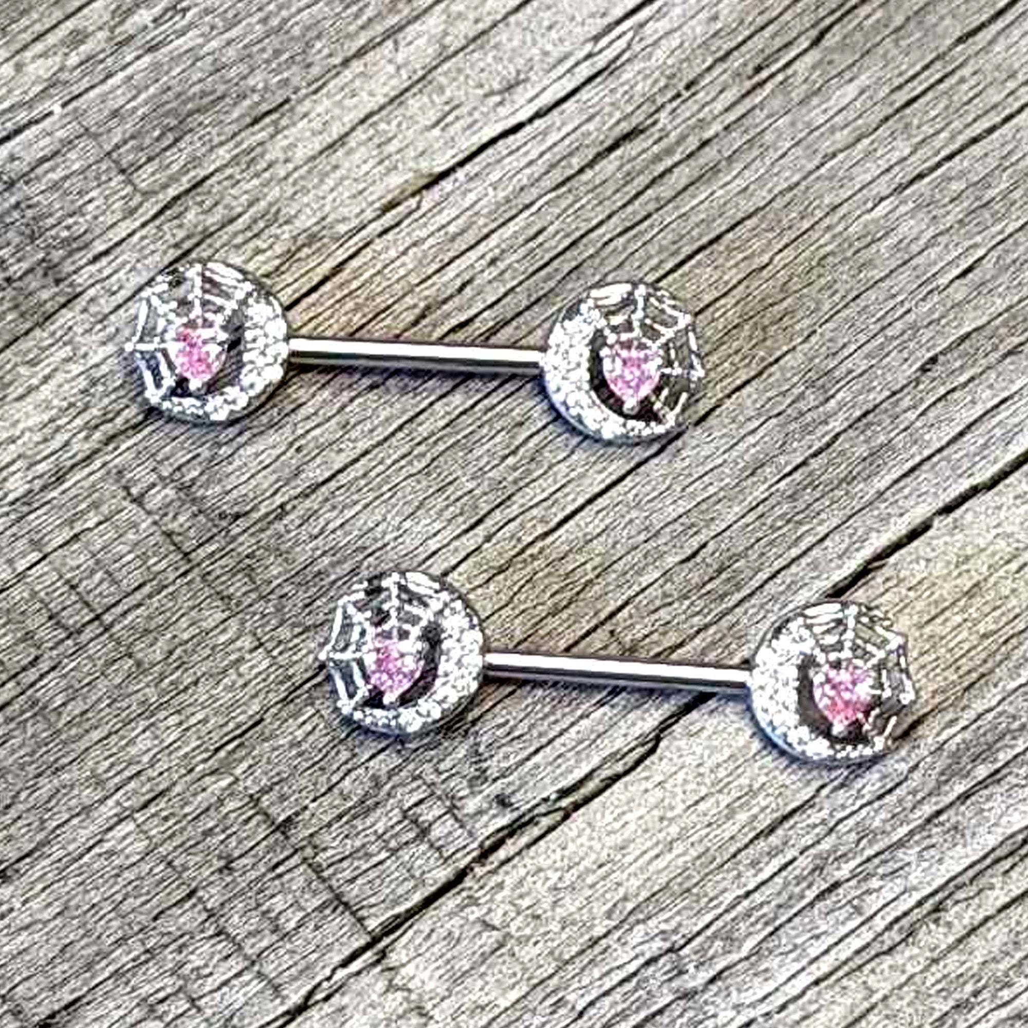 BodyCandy 14G 9/16 Pink CZ Gem Heart Web Moon Barbell Nipple Ring Set — side view