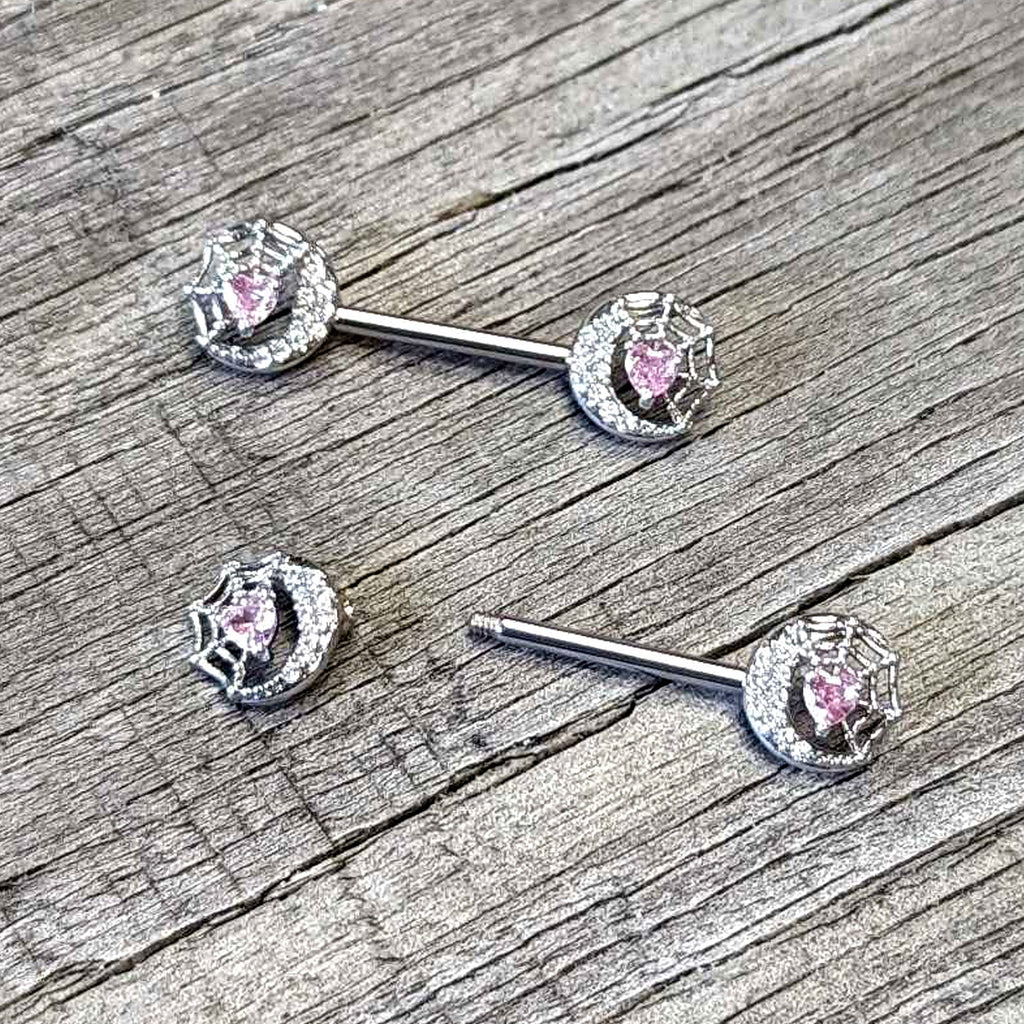 BodyCandy 14G 9/16 Pink CZ Gem Heart Web Moon Barbell Nipple Ring Set — back view