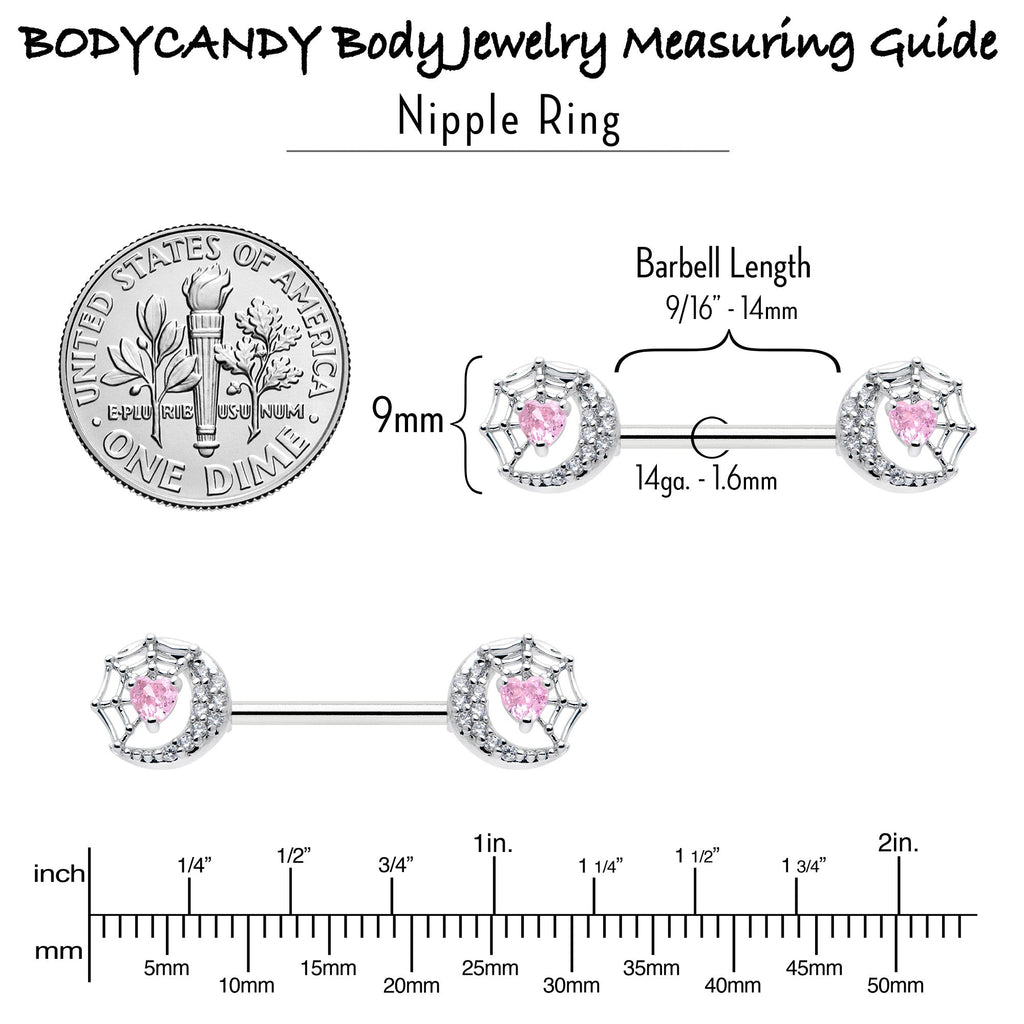 BodyCandy 14G 9/16 Pink CZ Gem Heart Web Moon Barbell Nipple Ring Set — alternative angle