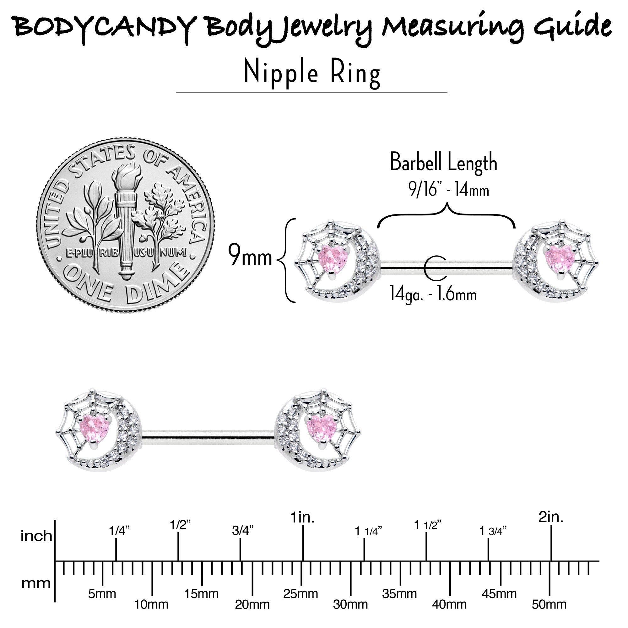 BodyCandy 14G 9/16 Pink CZ Gem Heart Web Moon Barbell Nipple Ring Set — alternative angle