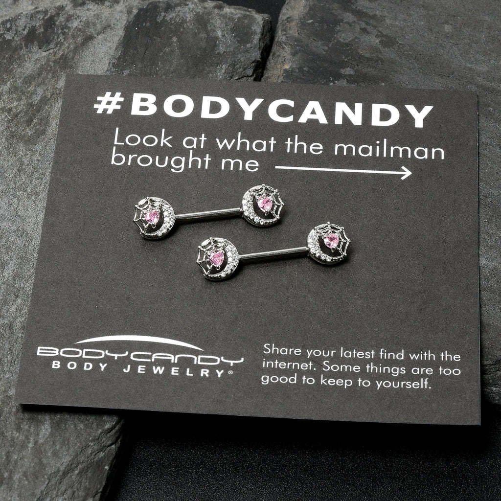 BodyCandy 14G 9/16 Pink CZ Gem Heart Web Moon Barbell Nipple Ring Set — in-use photo