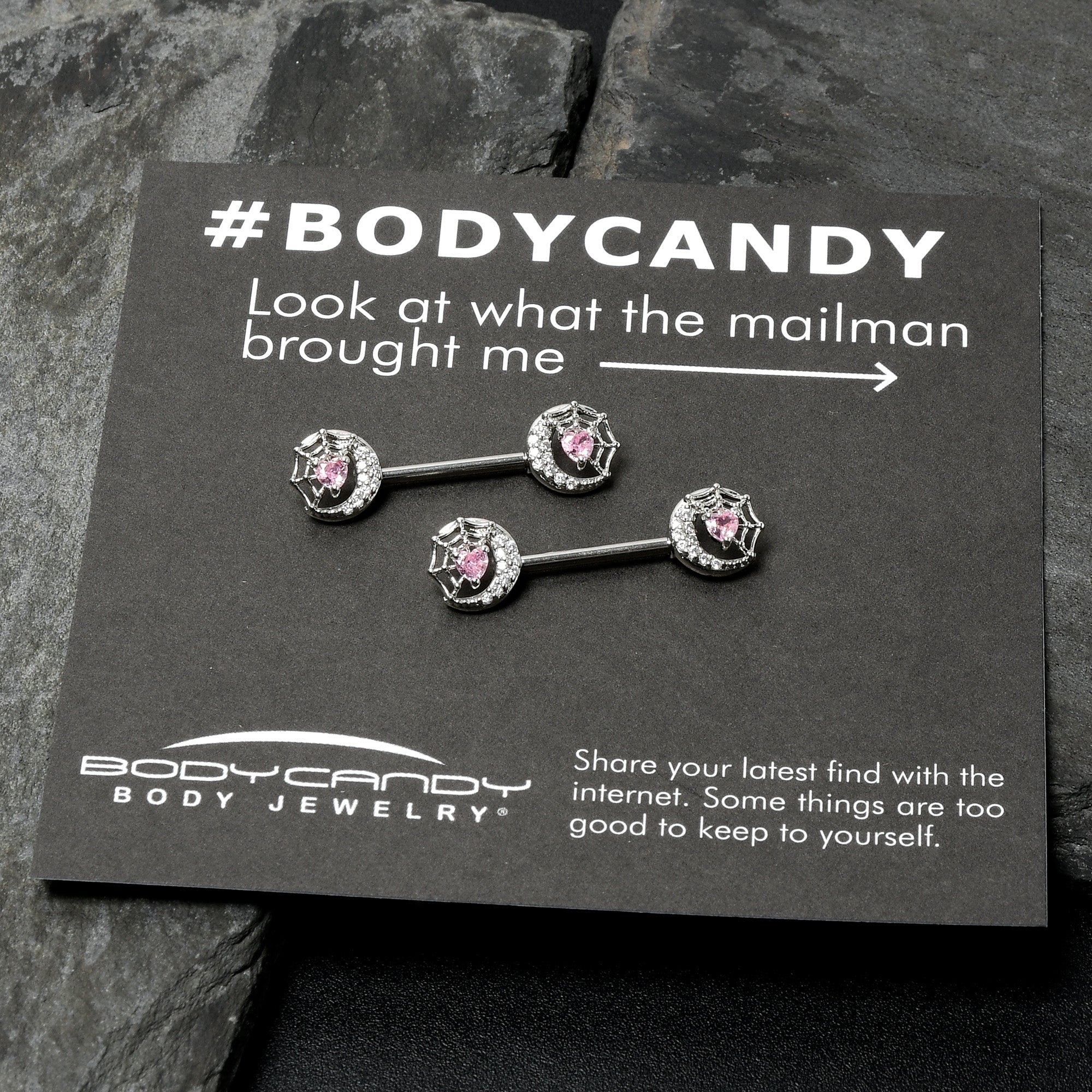 BodyCandy 14G 9/16 Pink CZ Gem Heart Web Moon Barbell Nipple Ring Set — in-use photo