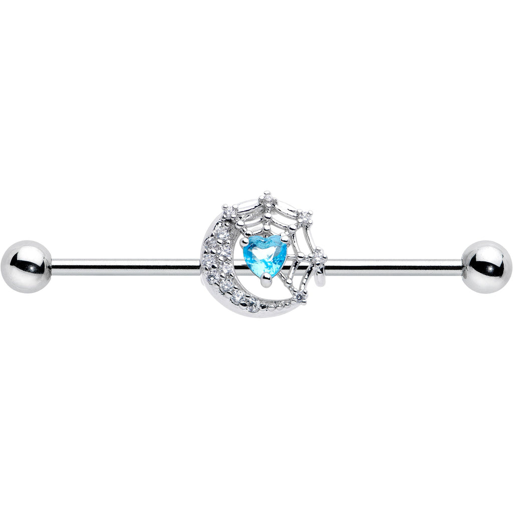 BodyCandy 14G Blue CZ Gem Heart Web Moon Industrial Barbell 38mm — detail close-up