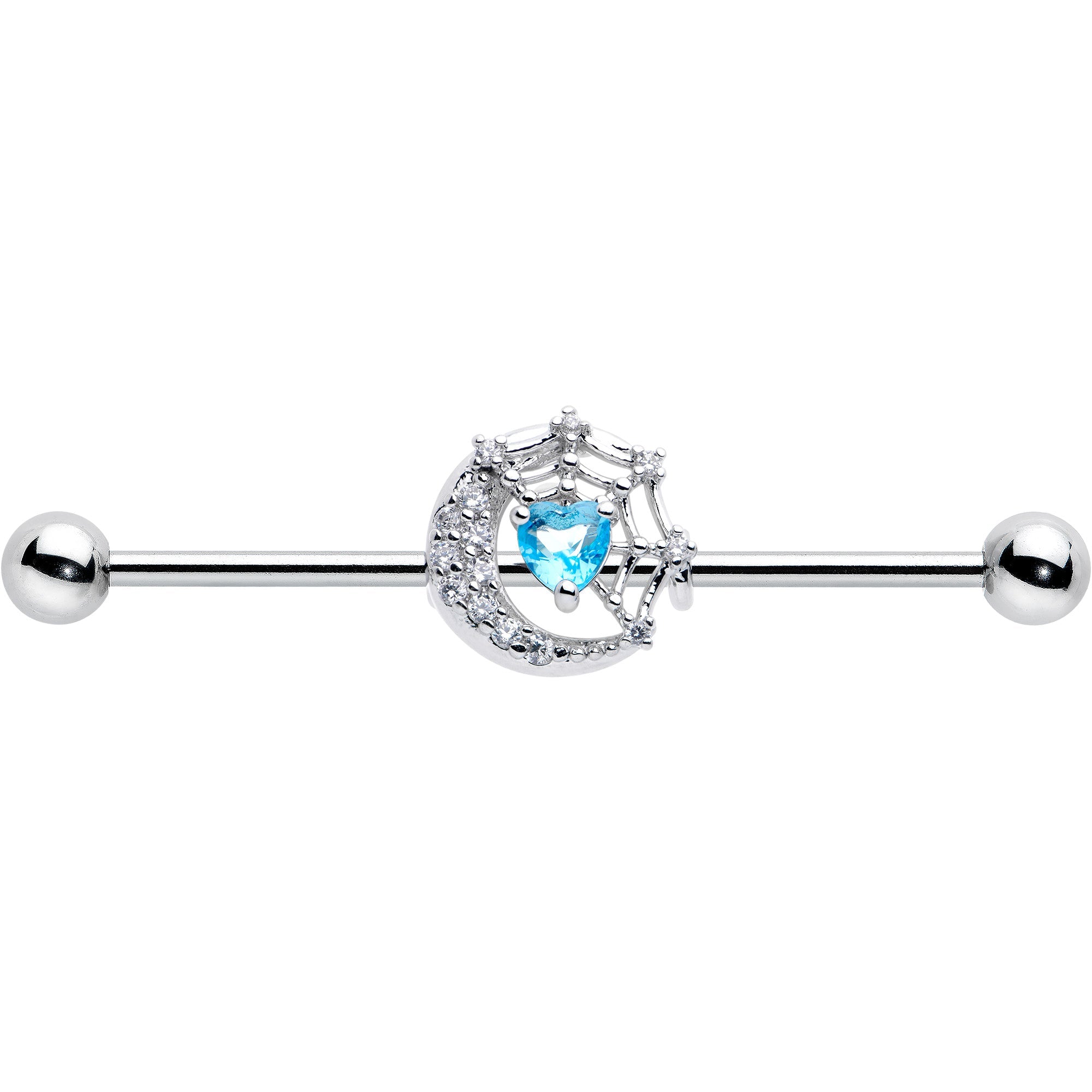 BodyCandy 14G Blue CZ Gem Heart Web Moon Industrial Barbell 38mm — detail close-up