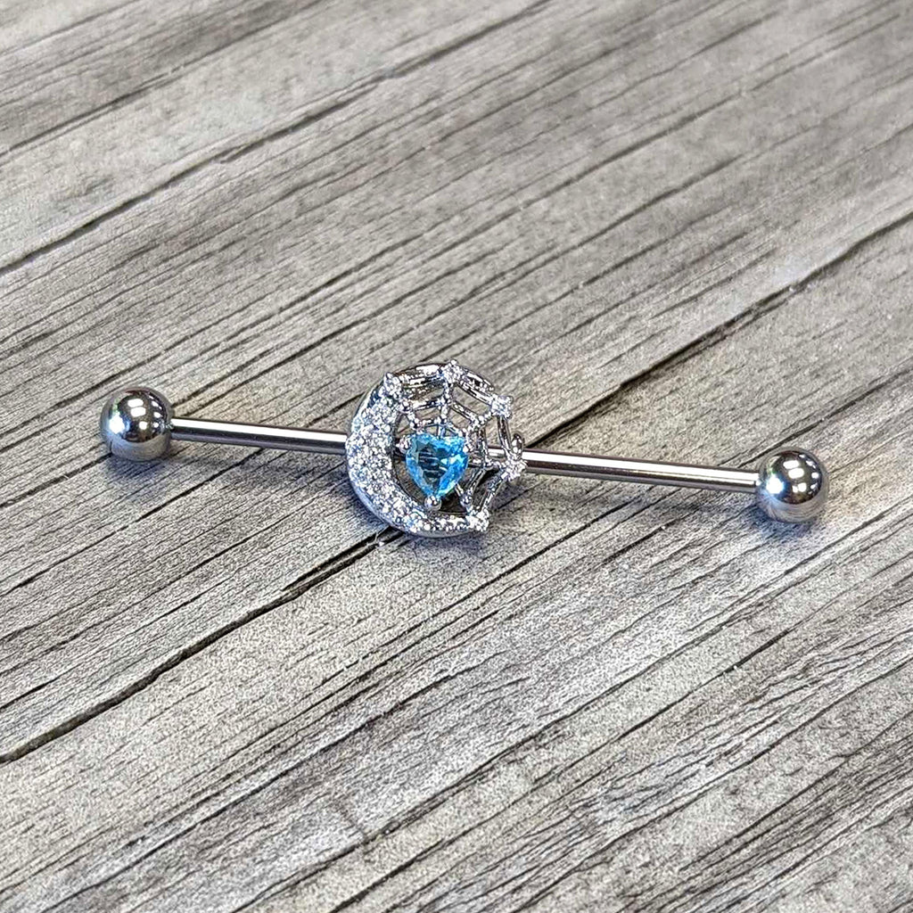 BodyCandy 14G Blue CZ Gem Heart Web Moon Industrial Barbell 38mm — side view
