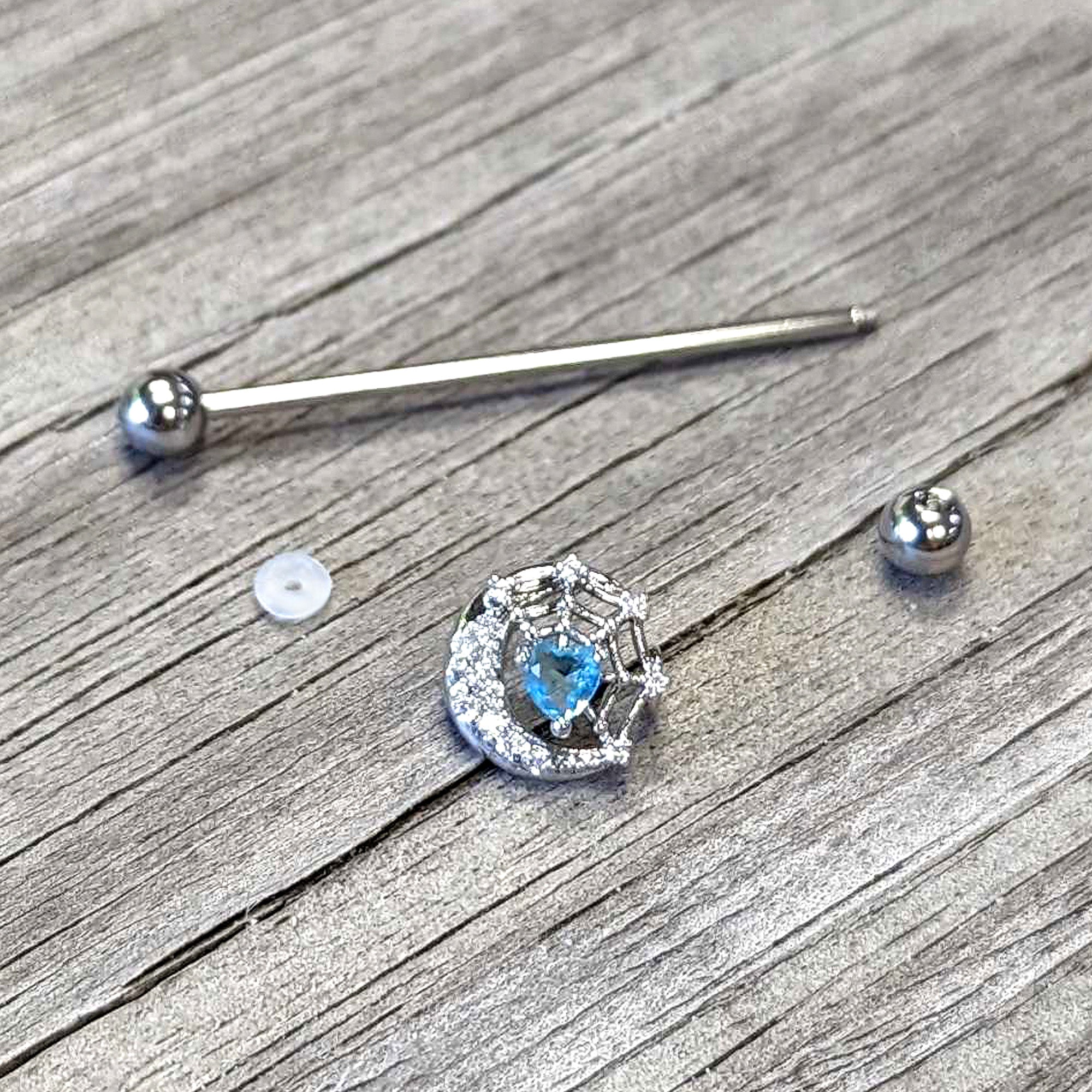 BodyCandy 14G Blue CZ Gem Heart Web Moon Industrial Barbell 38mm — back view