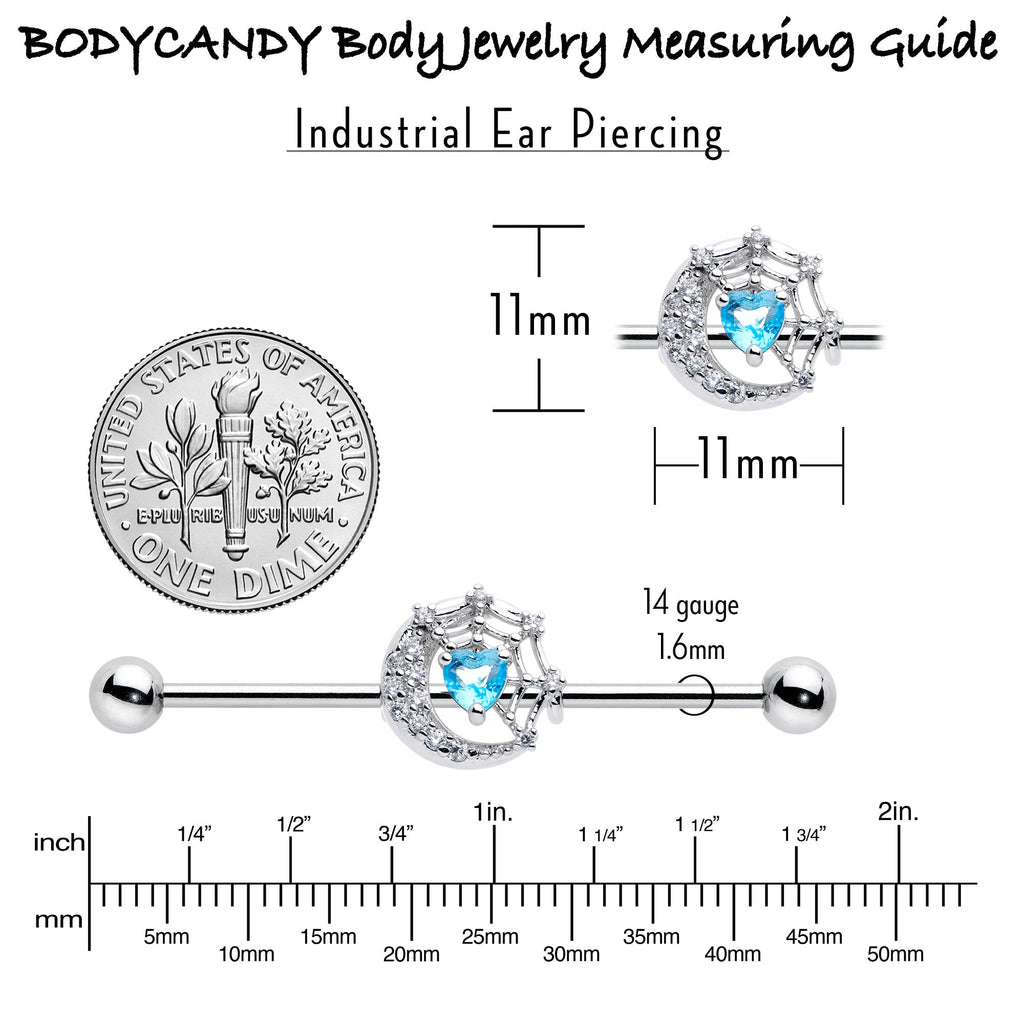 BodyCandy 14G Blue CZ Gem Heart Web Moon Industrial Barbell 38mm — alternative angle