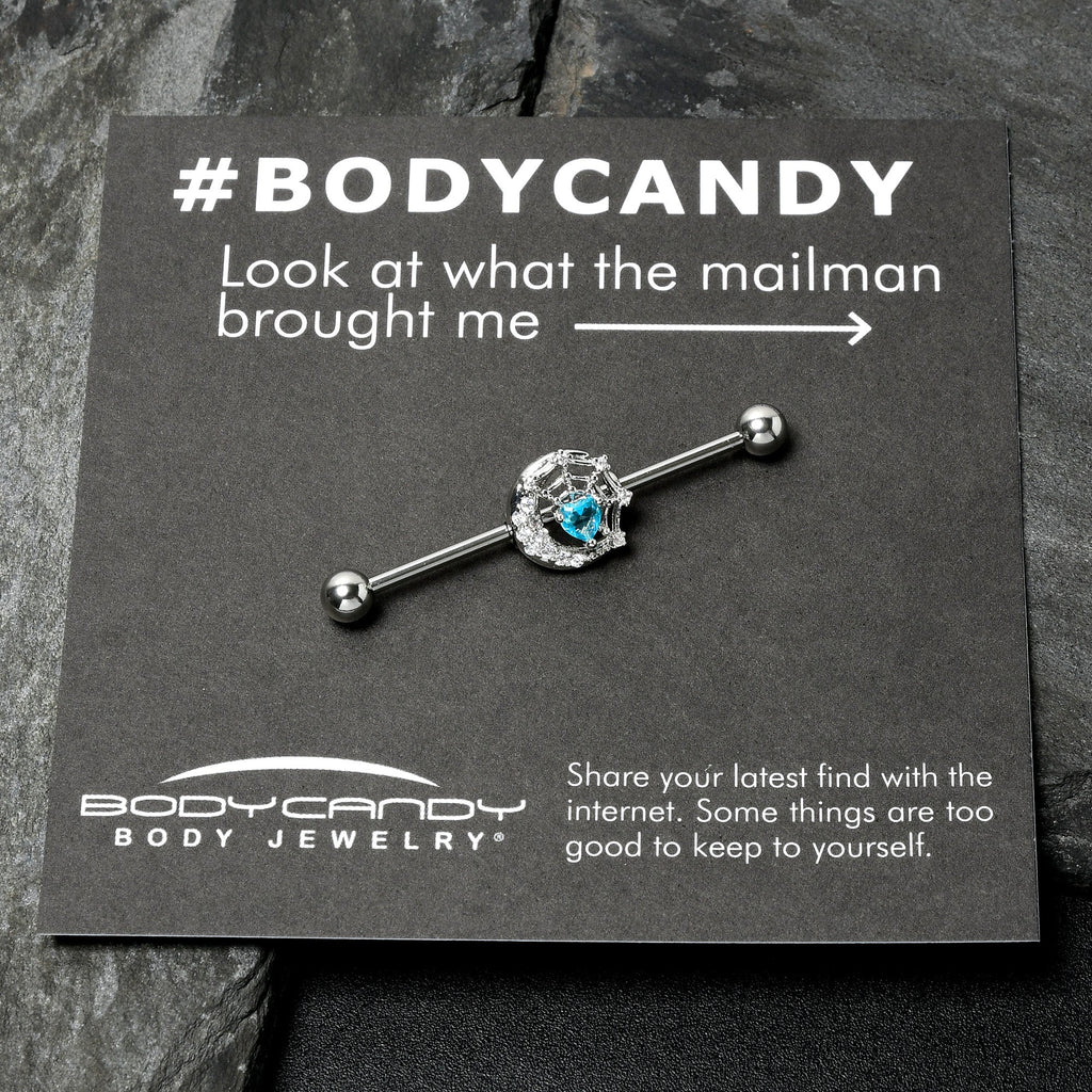 BodyCandy 14G Blue CZ Gem Heart Web Moon Industrial Barbell 38mm — in-use photo