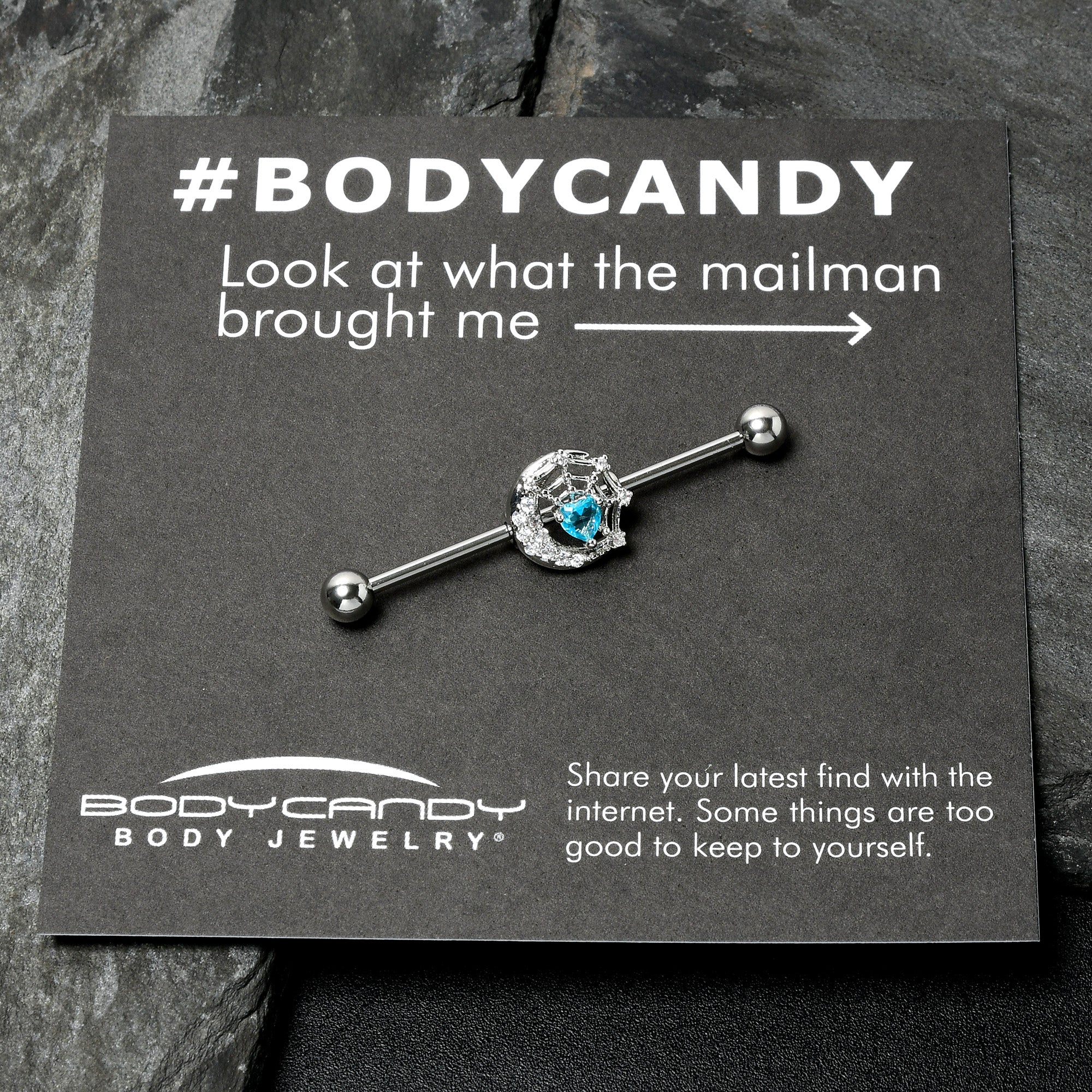 BodyCandy 14G Blue CZ Gem Heart Web Moon Industrial Barbell 38mm — in-use photo