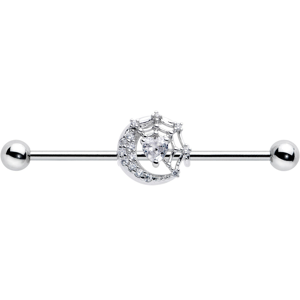 BodyCandy 14G Clear CZ Gem Heart Web Moon Industrial Barbell 38mm — detail close-up