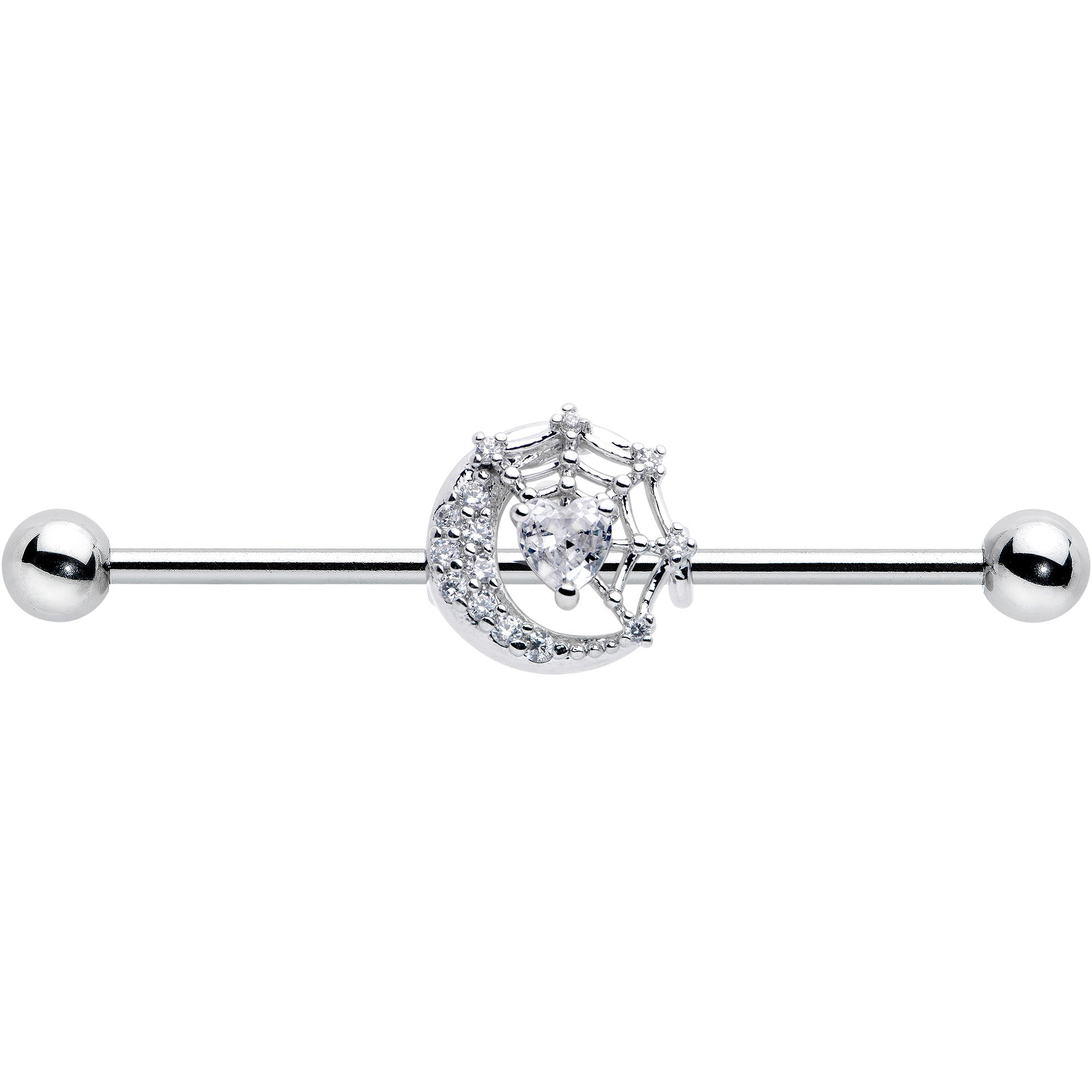 BodyCandy 14G Clear CZ Gem Heart Web Moon Industrial Barbell 38mm — detail close-up