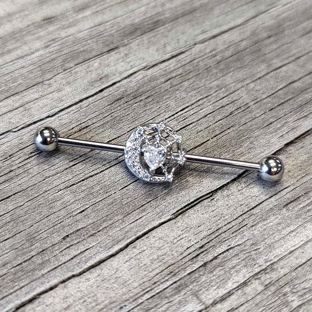 BodyCandy 14G Clear CZ Gem Heart Web Moon Industrial Barbell 38mm — side view