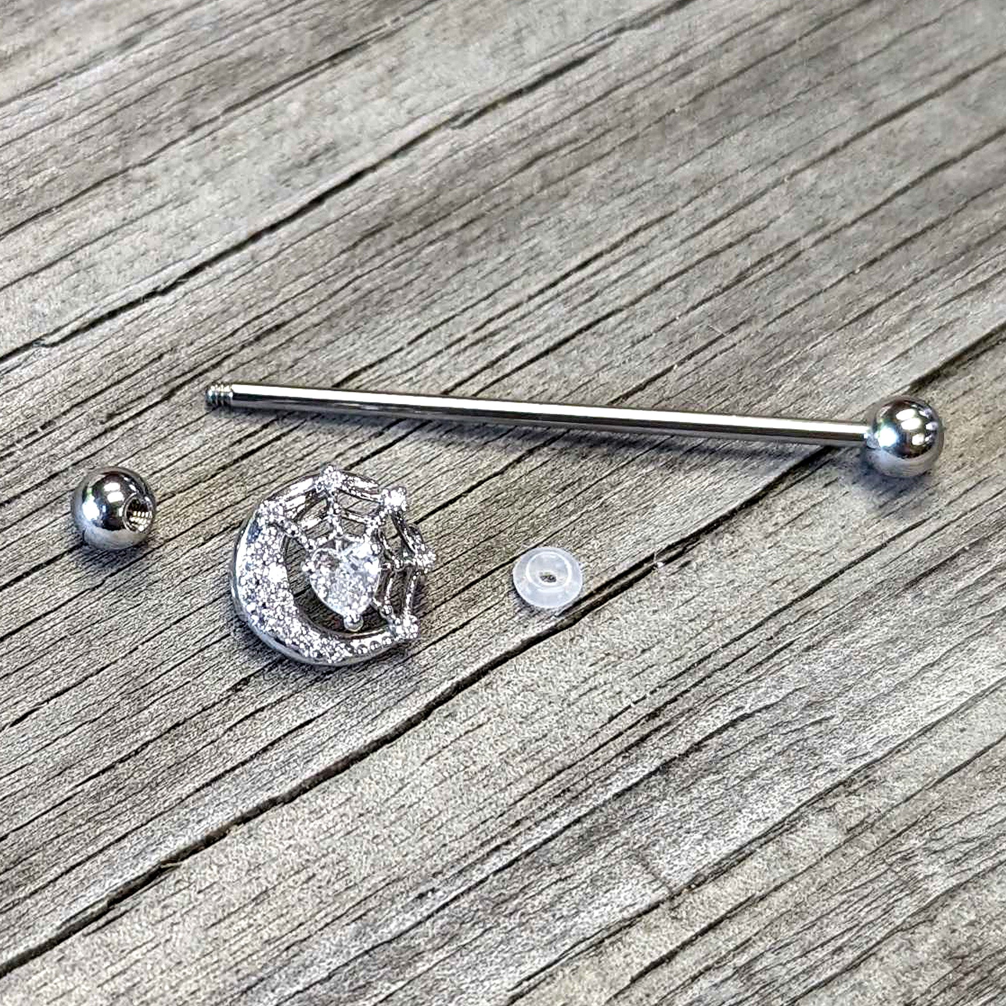 BodyCandy 14G Clear CZ Gem Heart Web Moon Industrial Barbell 38mm — back view
