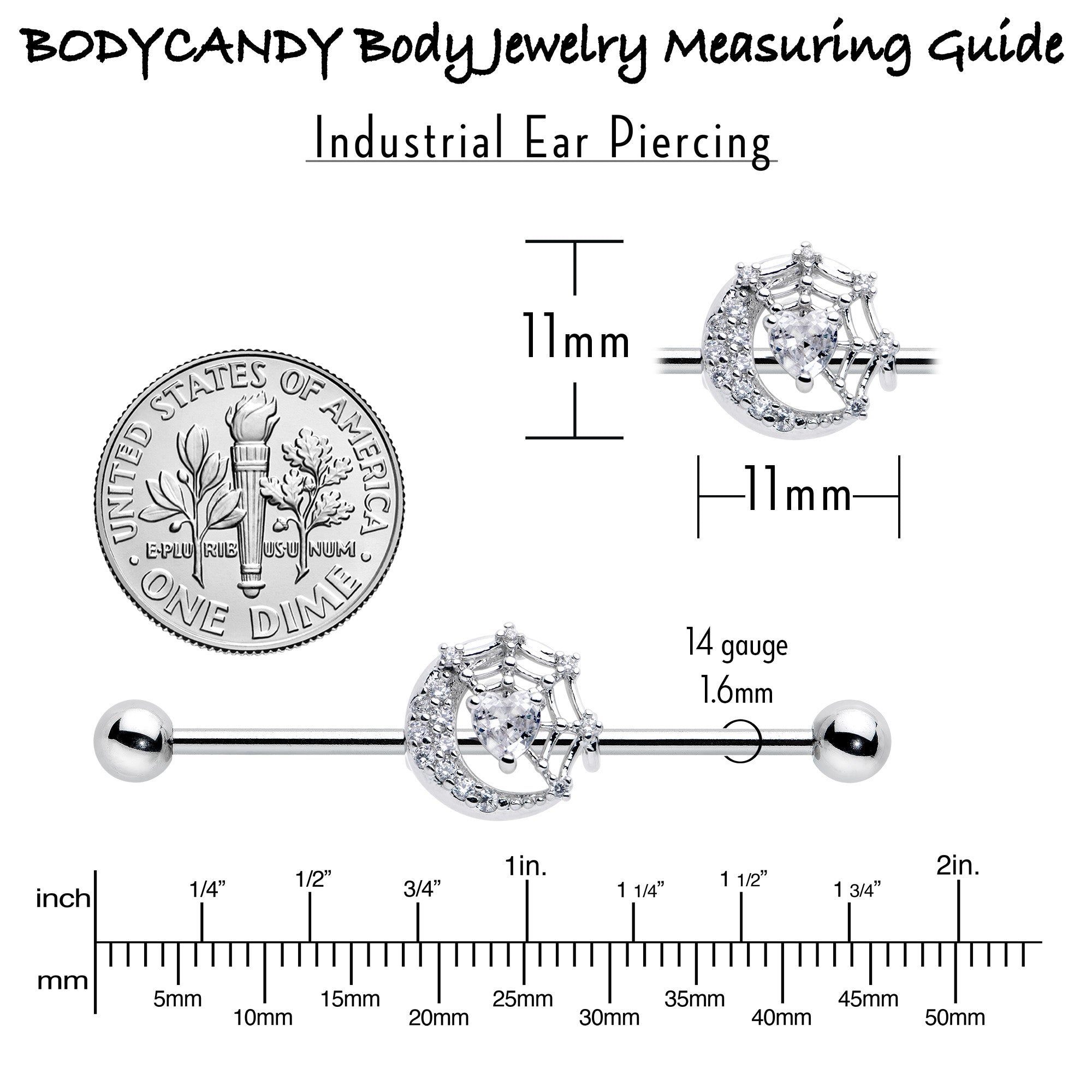 BodyCandy 14G Clear CZ Gem Heart Web Moon Industrial Barbell 38mm — alternative angle