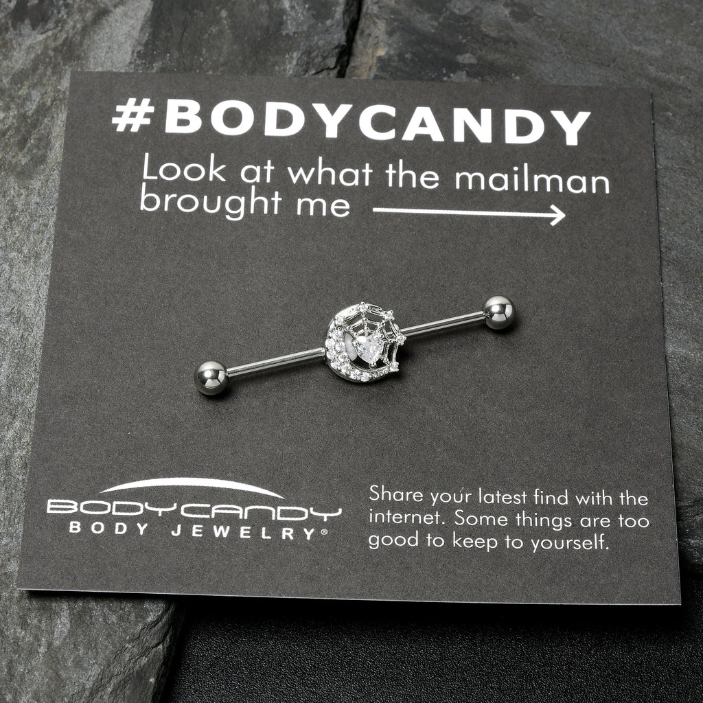 BodyCandy 14G Clear CZ Gem Heart Web Moon Industrial Barbell 38mm — in-use photo
