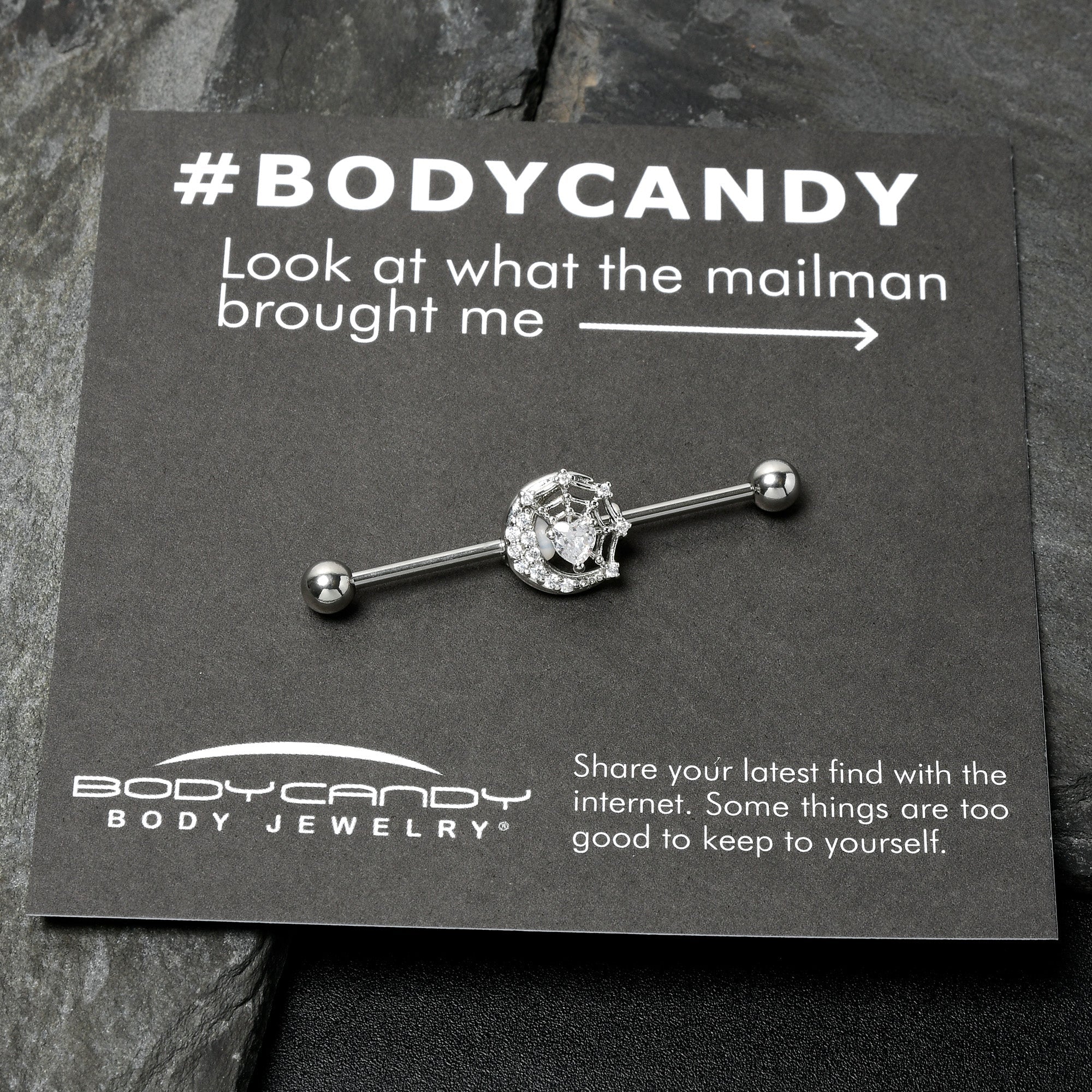 BodyCandy 14G Clear CZ Gem Heart Web Moon Industrial Barbell 38mm — in-use photo
