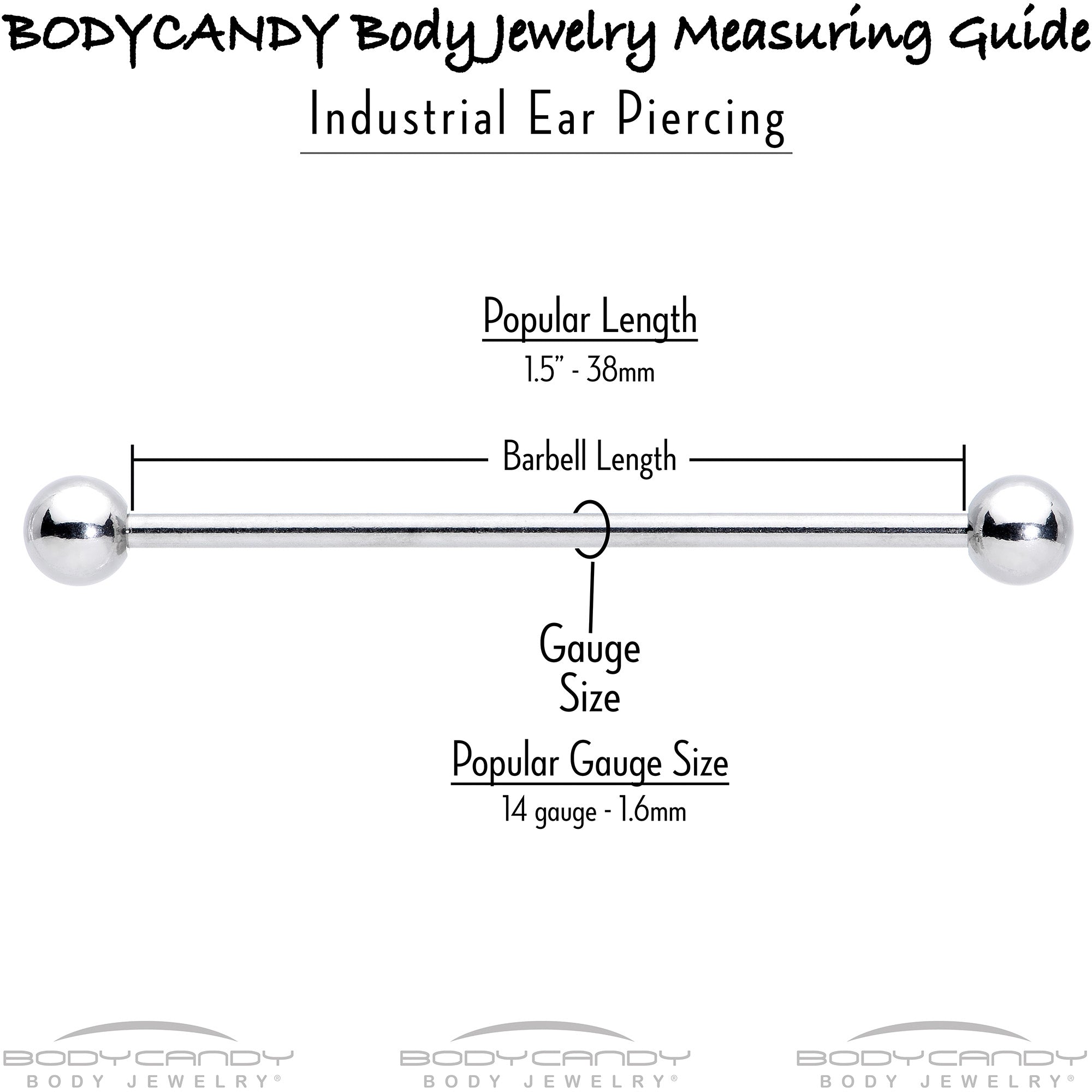 BodyCandy 14G Clear CZ Gem Heart Web Moon Industrial Barbell 38mm — size reference