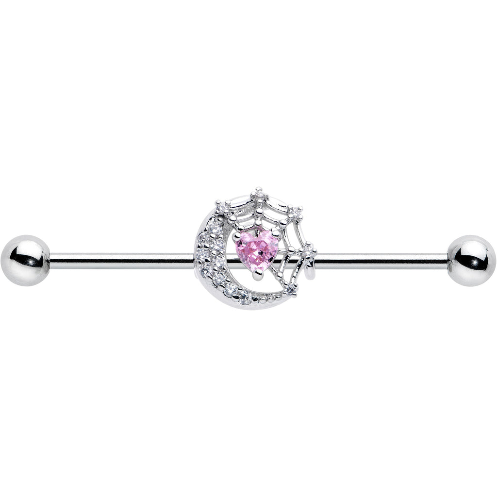 BodyCandy 14G Pink CZ Gem Heart Web Moon Industrial Barbell 38mm — detail close-up