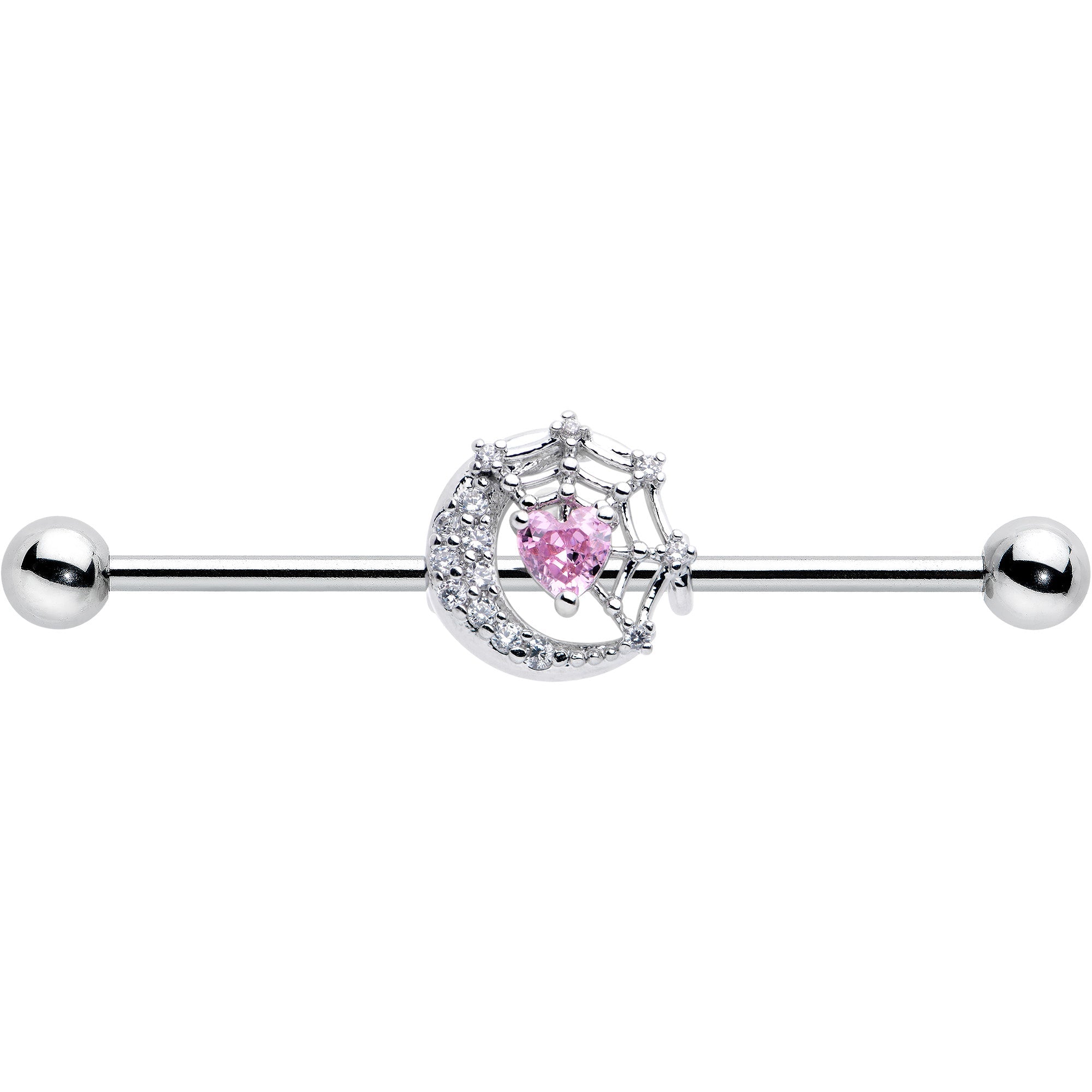 BodyCandy 14G Pink CZ Gem Heart Web Moon Industrial Barbell 38mm — detail close-up