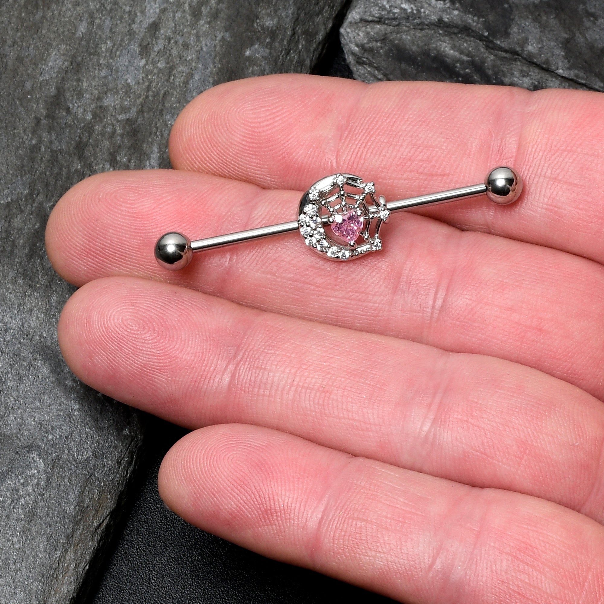 BodyCandy 14G Pink CZ Gem Heart Web Moon Industrial Barbell 38mm — lifestyle context