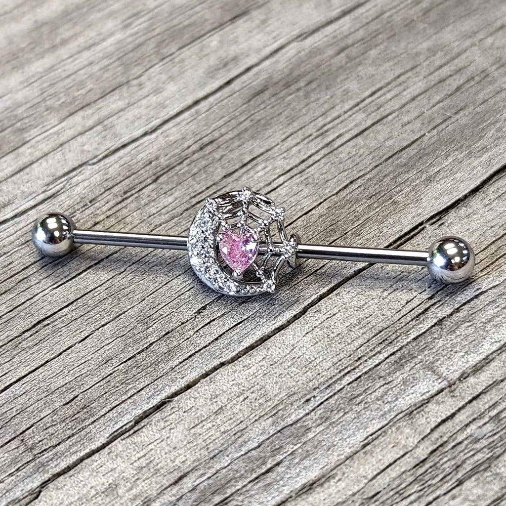 BodyCandy 14G Pink CZ Gem Heart Web Moon Industrial Barbell 38mm — side view