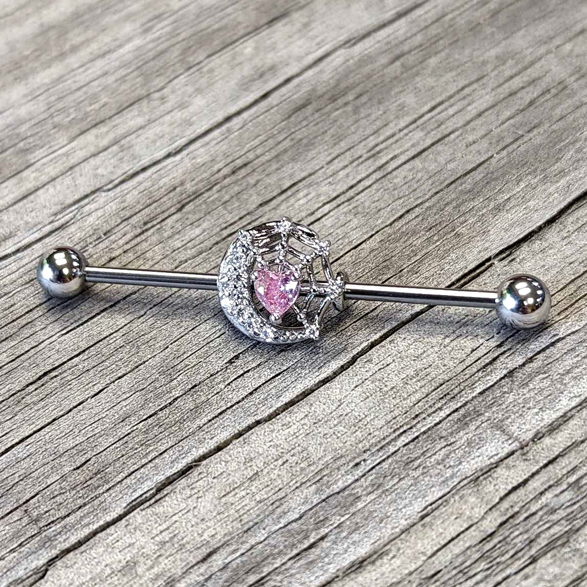 BodyCandy 14G Pink CZ Gem Heart Web Moon Industrial Barbell 38mm — side view