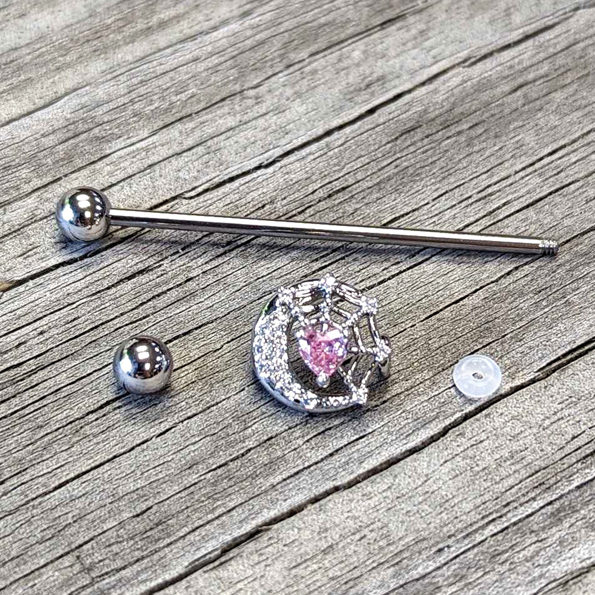 BodyCandy 14G Pink CZ Gem Heart Web Moon Industrial Barbell 38mm — back view