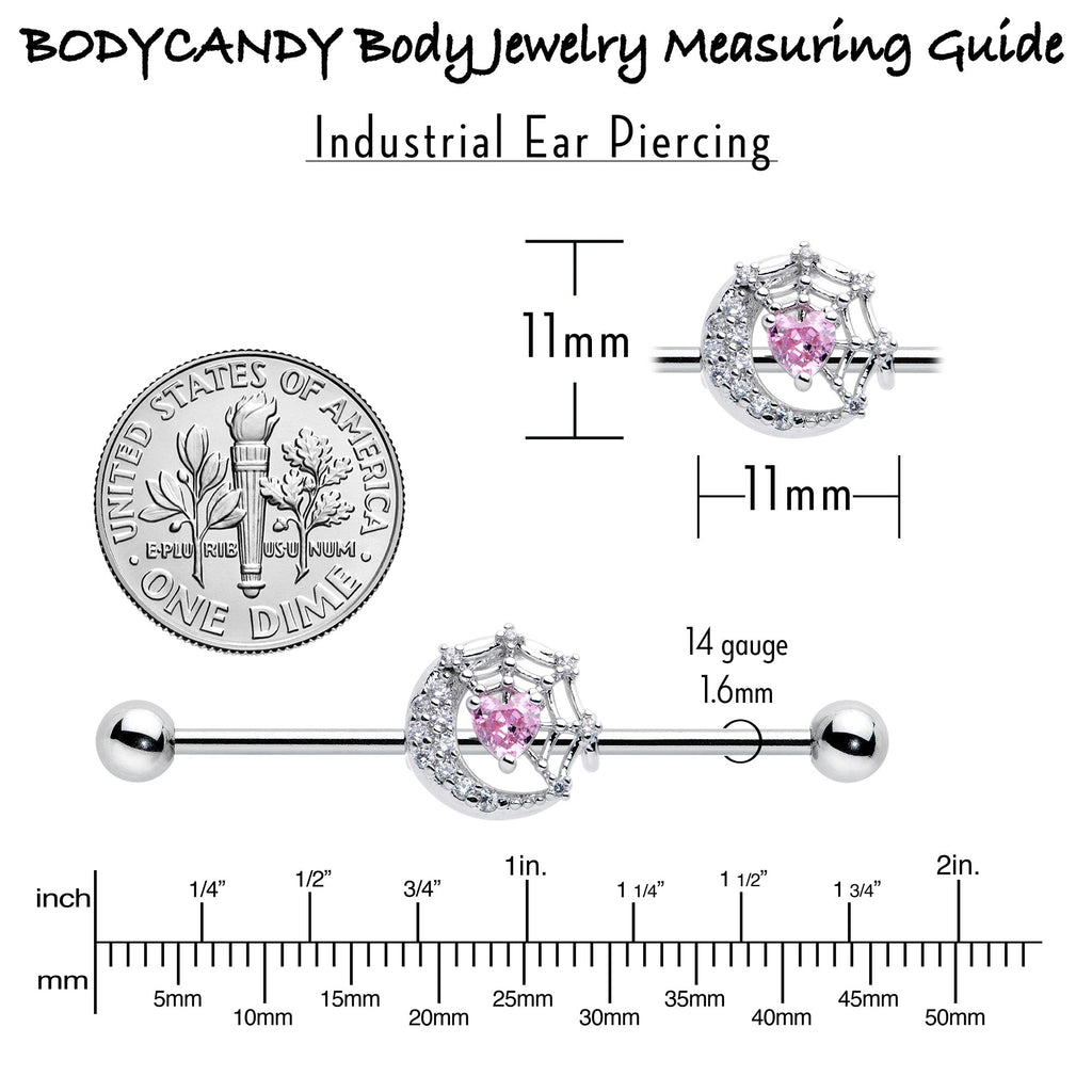 BodyCandy 14G Pink CZ Gem Heart Web Moon Industrial Barbell 38mm — alternative angle