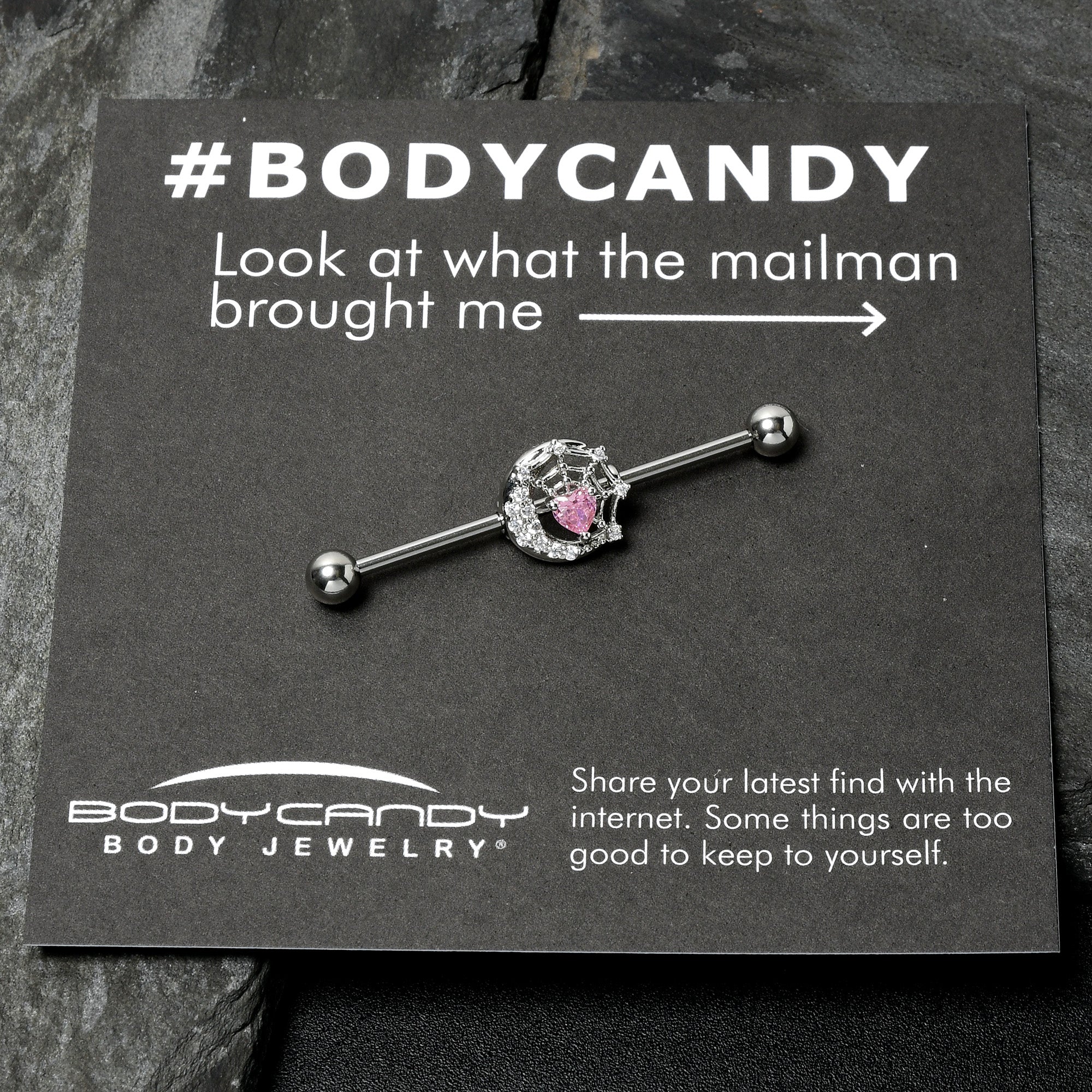 BodyCandy 14G Pink CZ Gem Heart Web Moon Industrial Barbell 38mm — in-use photo