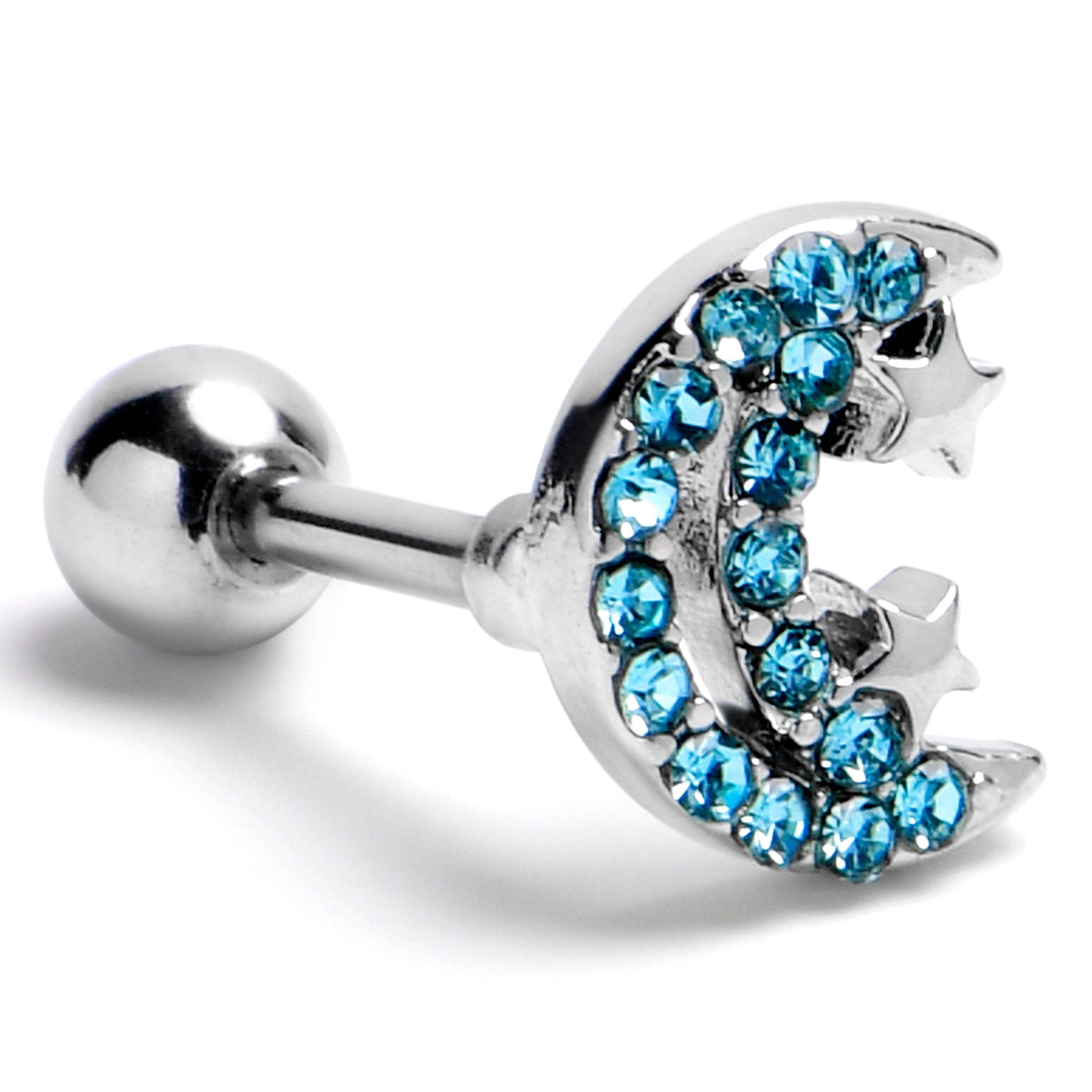 BodyCandy 16G 1/4 Blue Gem Starry Crescent Moon Cartilage Tragus Earring — main product shot