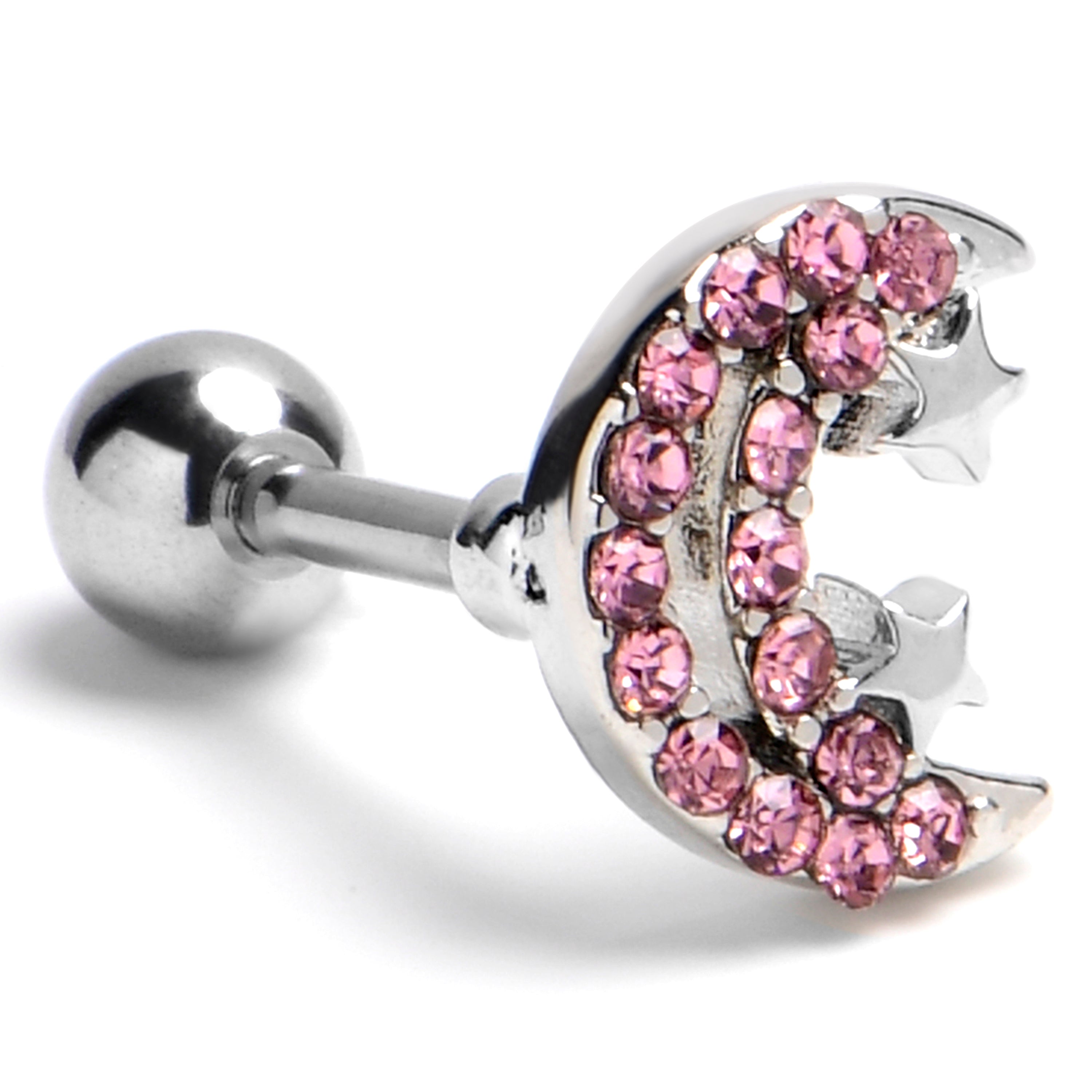 BodyCandy 16G 1/4 Pink Gem Starry Crescent Moon Cartilage Tragus Earring — main product shot